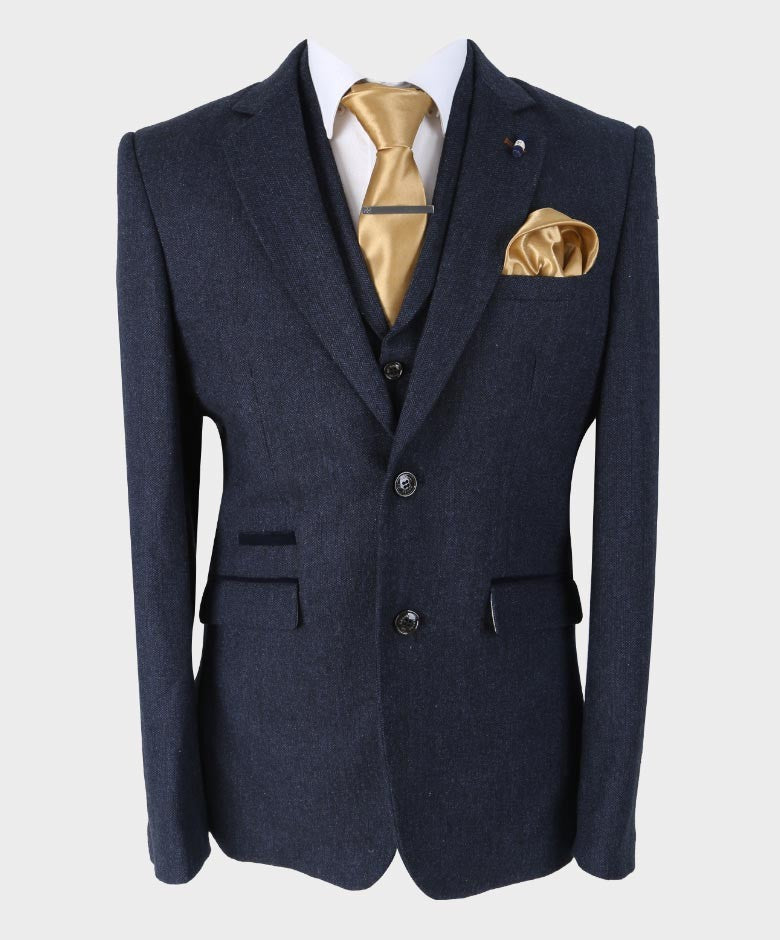 Men’s Navy Herringbone Tweed Slim Fit Suit Jacket MARTEZ