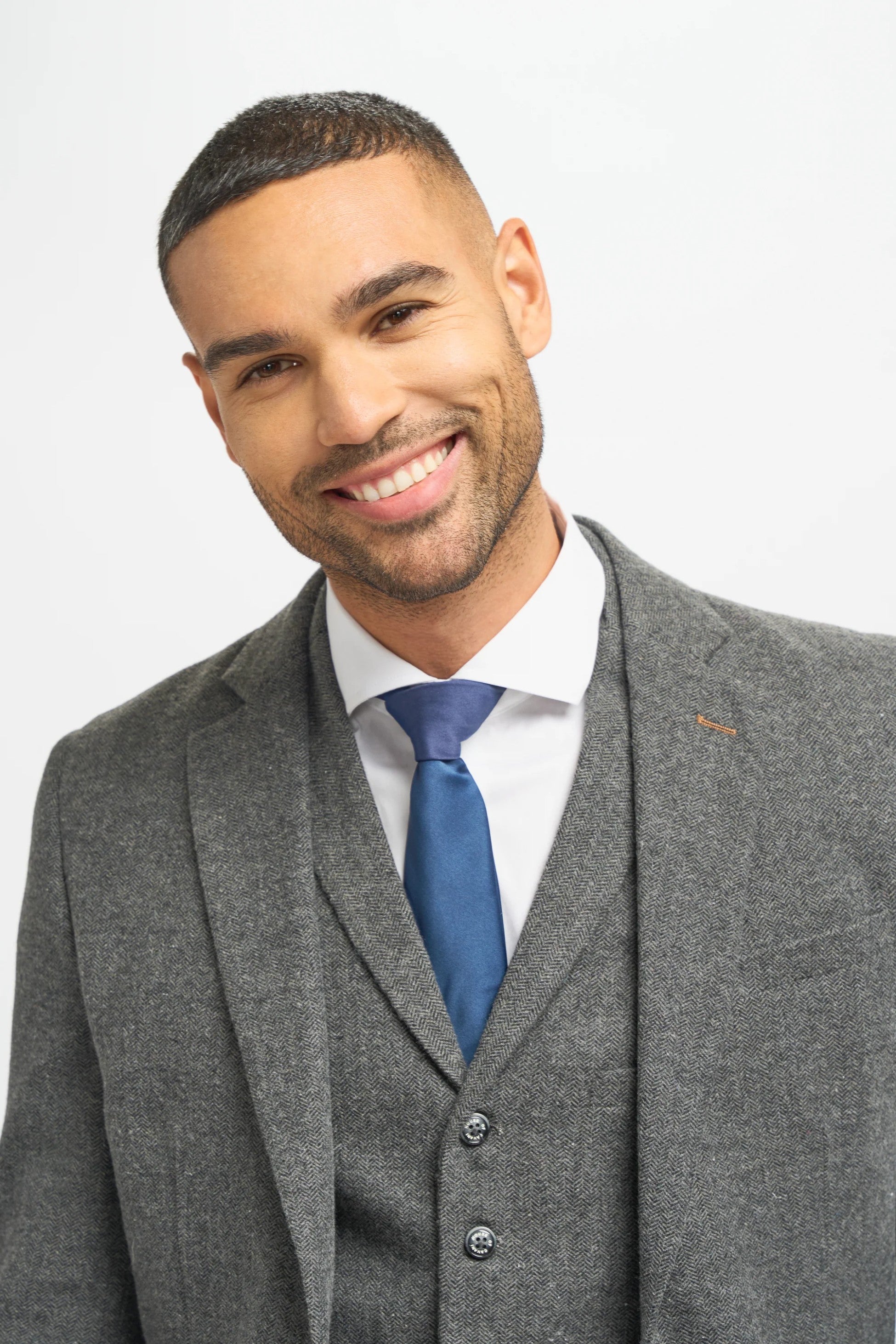 Grey Herringbone Tweed Men's Jacket and Waistcoat with Slim Fit Navy Blue Trousers