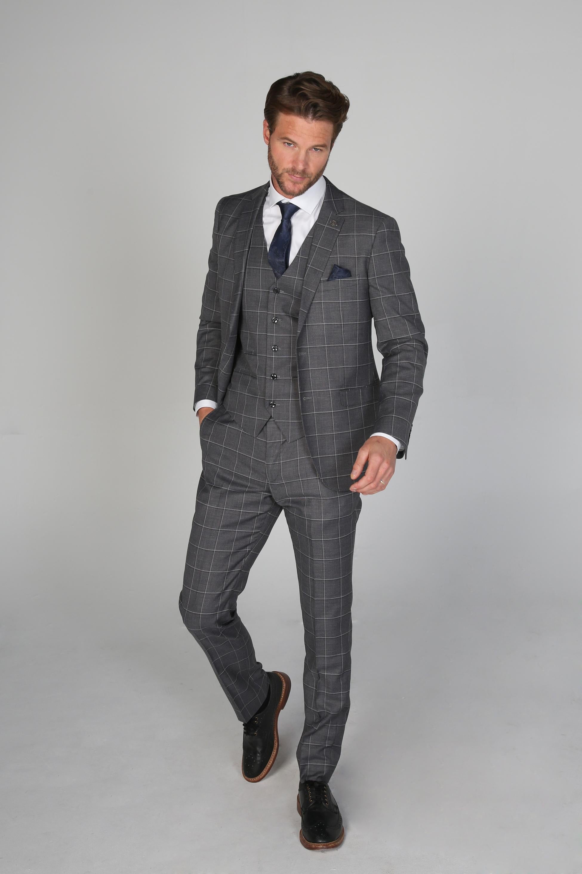 Men's Hobbs Pewter Grey Windowpane Check Tailored Formal Suit