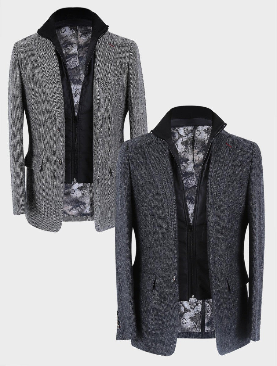 Men’s Black Wool Herringbone Tweed Coat with Removable Zipper ALEXANDER