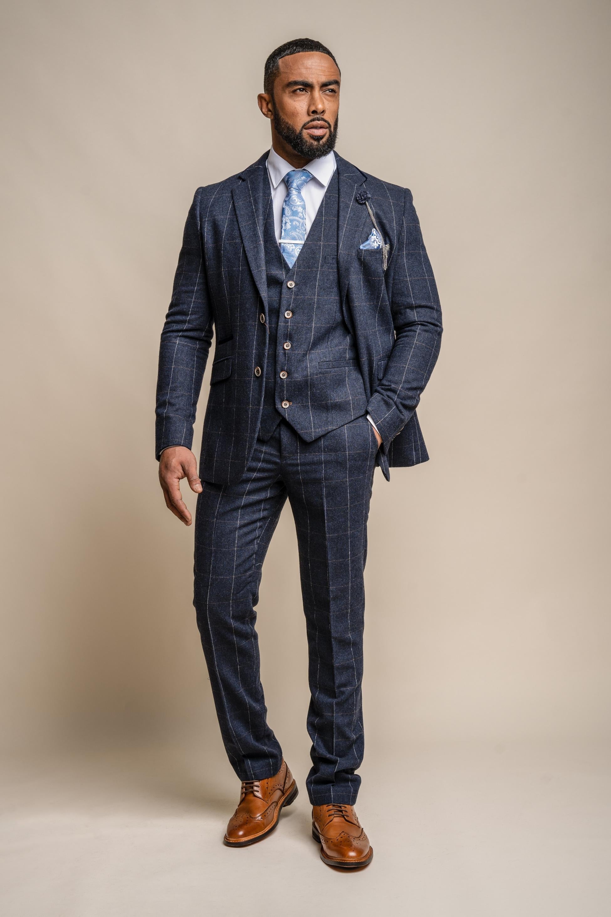 Men's Angels Premium Wool Navy Windowpane Check Suit