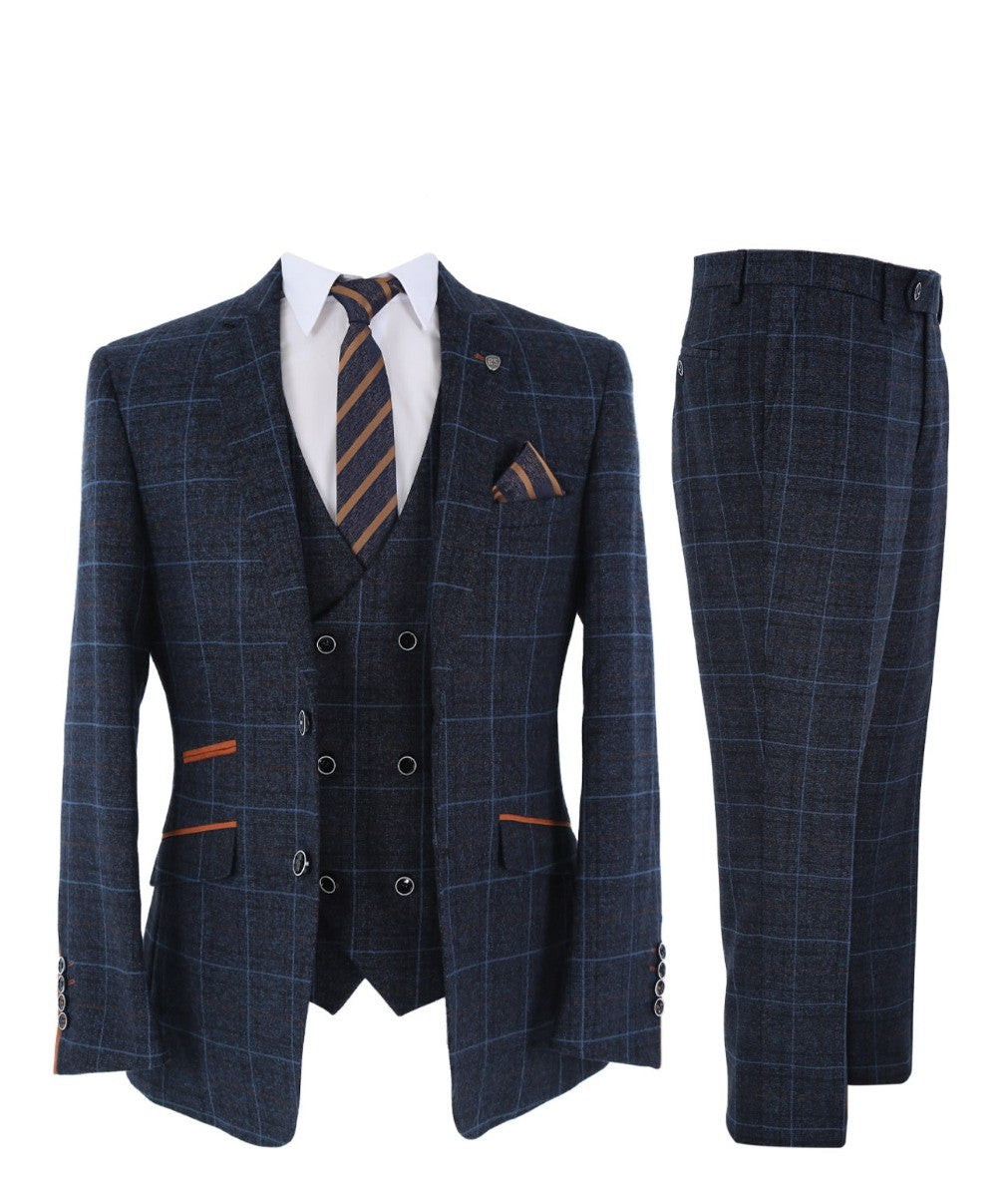 Men's Anthony Navy Blue Retro Check Tailored Heritage Suit