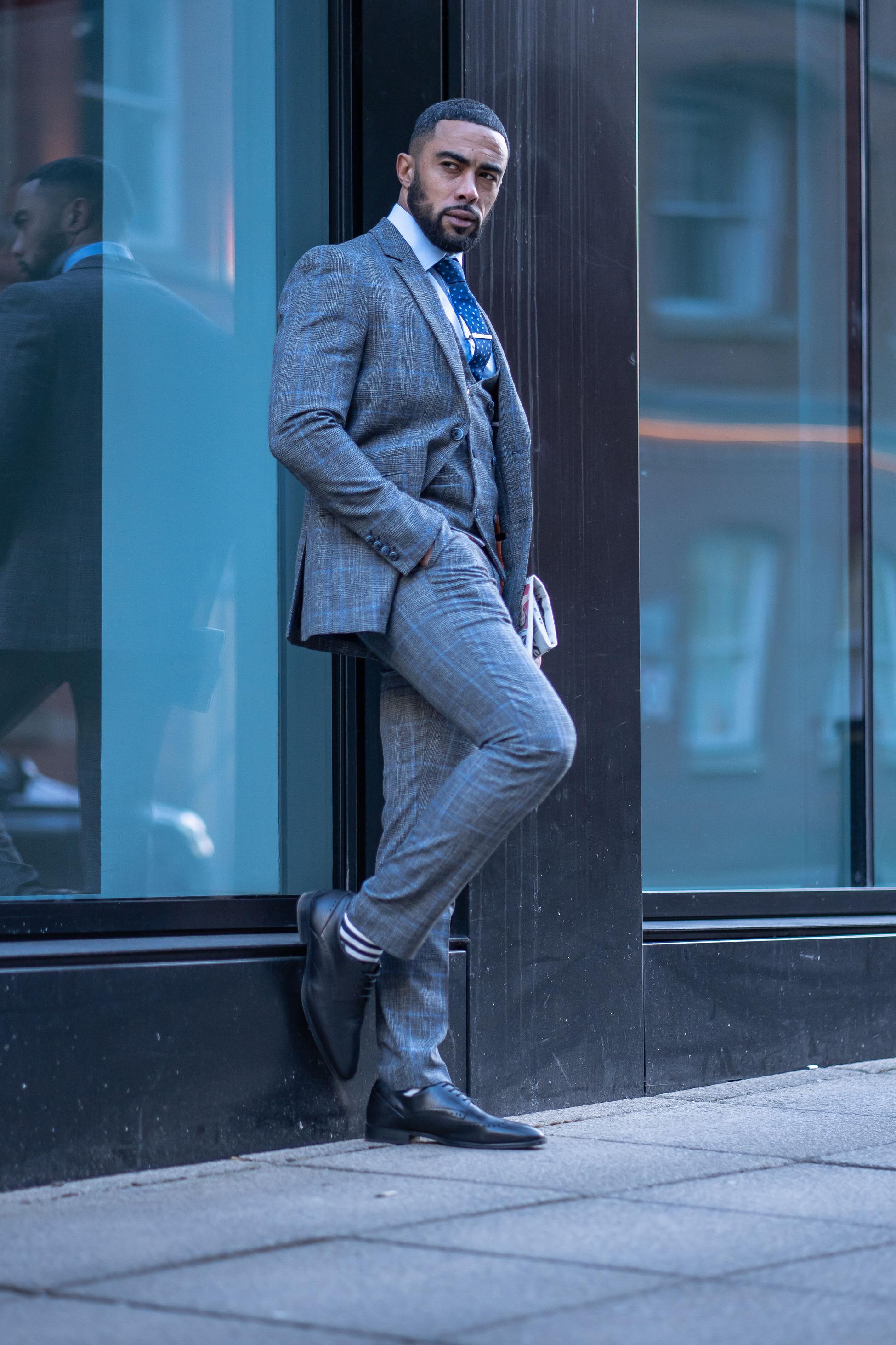 Men's Tweed Retro Check Grey Suit Jacket - POWER - Grey