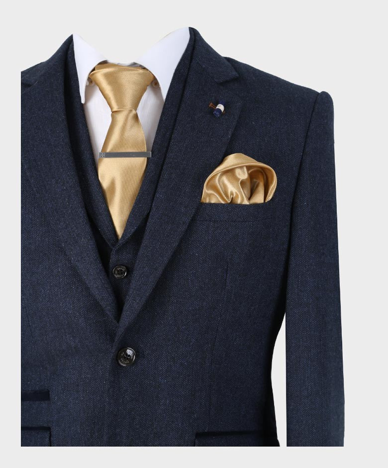 Men’s Navy Herringbone Tweed Slim Fit Suit Jacket MARTEZ