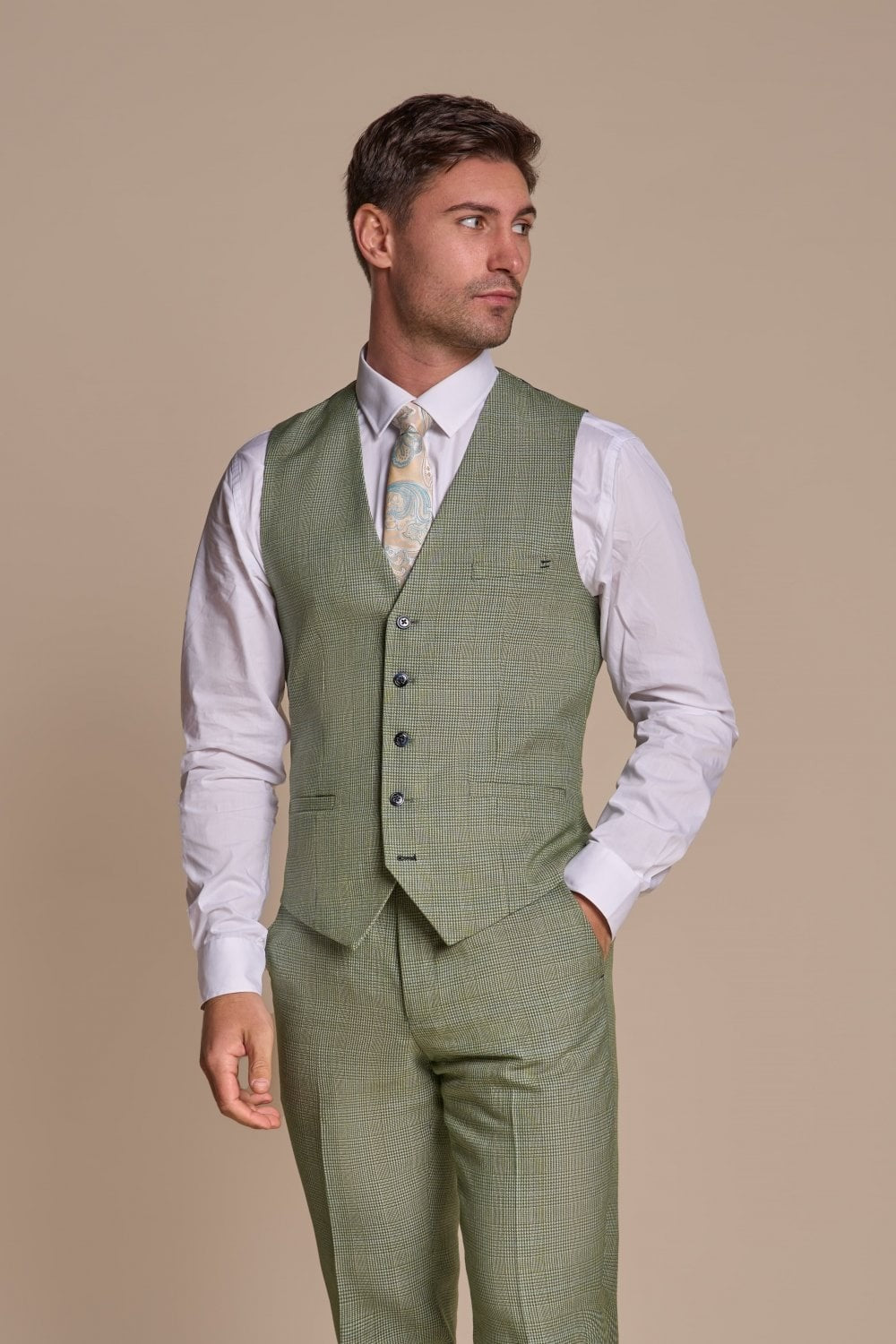 Mens Sage Green 3 Piece Tweed Glen Check Suit CARIDI