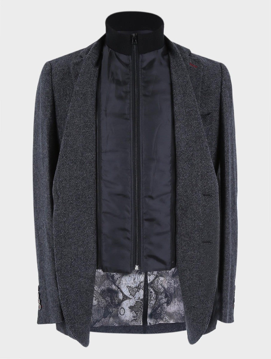 Men’s Black Wool Herringbone Tweed Coat with Removable Zipper ALEXANDER