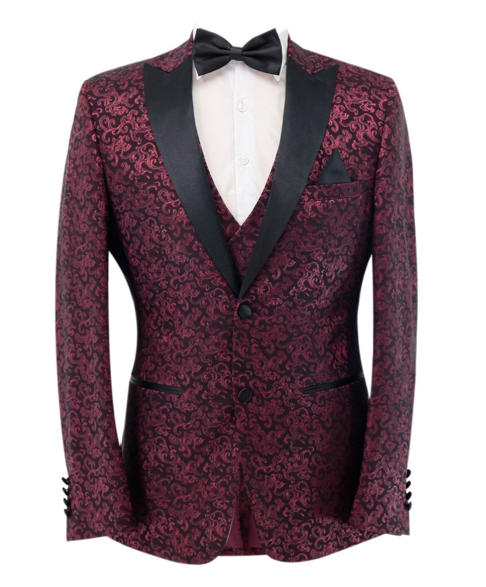 AARON Burgundy Men's Patterned Shimmer Tuxedo Suit