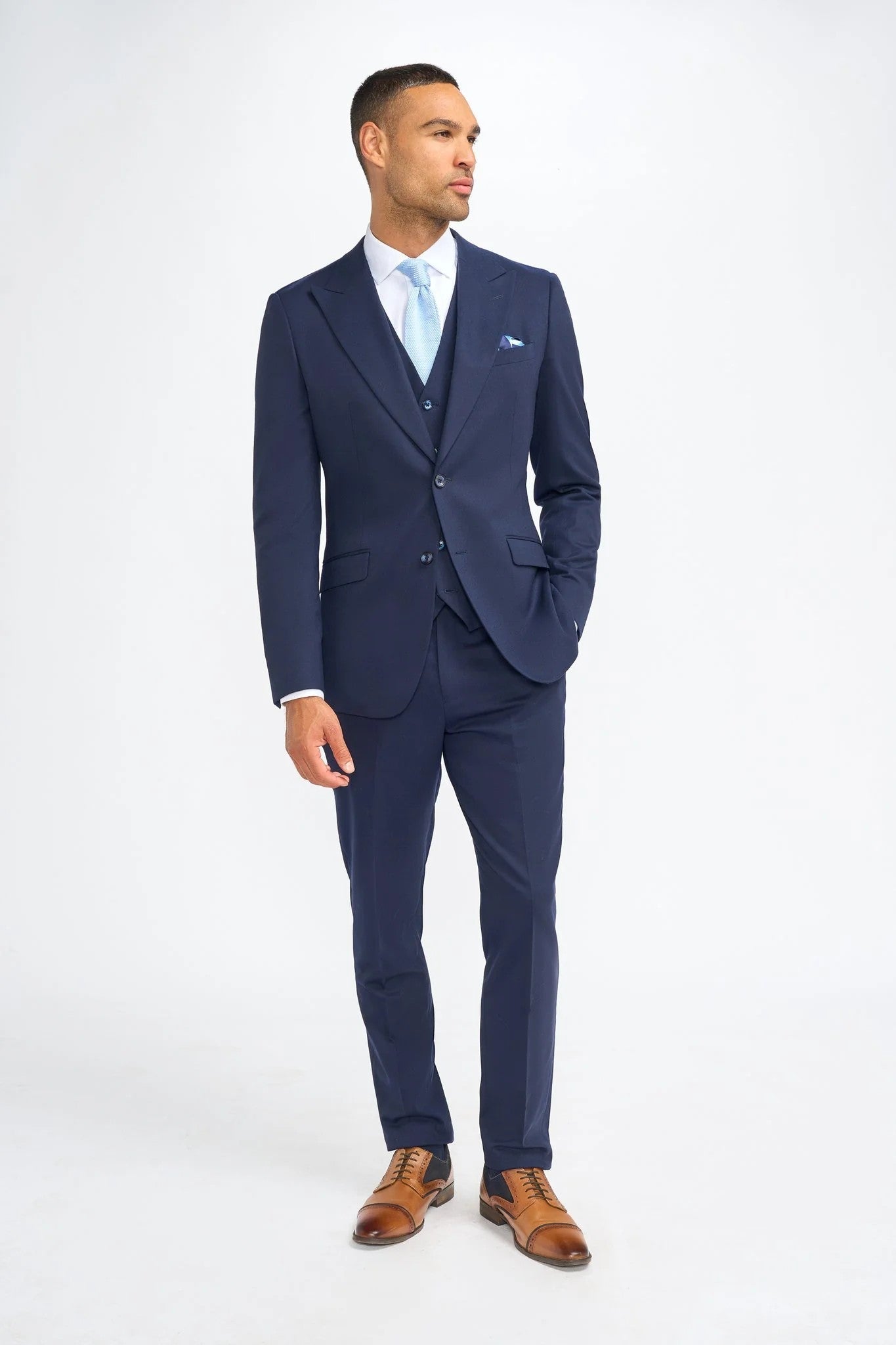 James Navy Blue Men's 3-Piece Wool Slim Fit Formal Suit