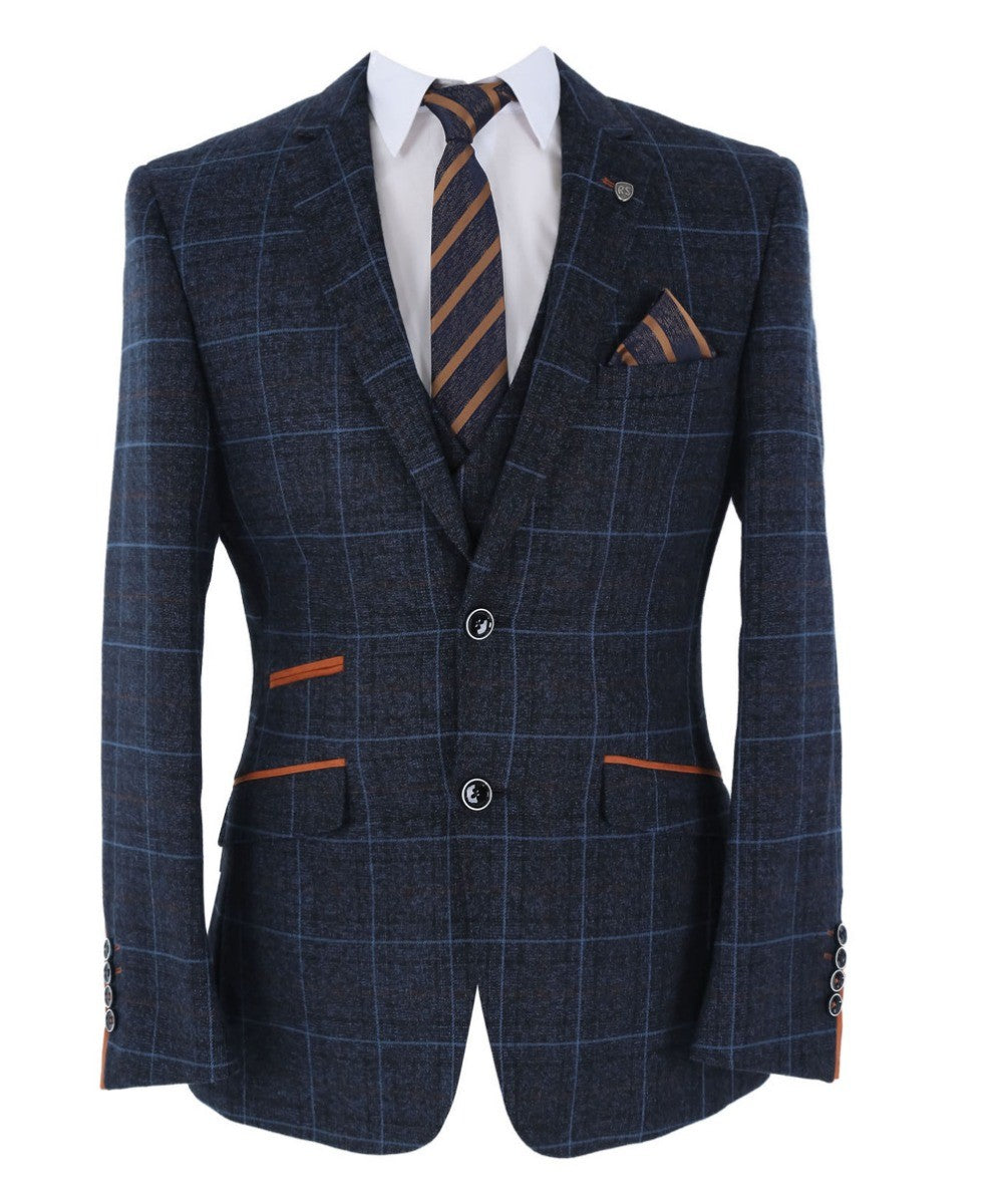 Men's Anthony Navy Blue Retro Check Tailored Heritage Suit