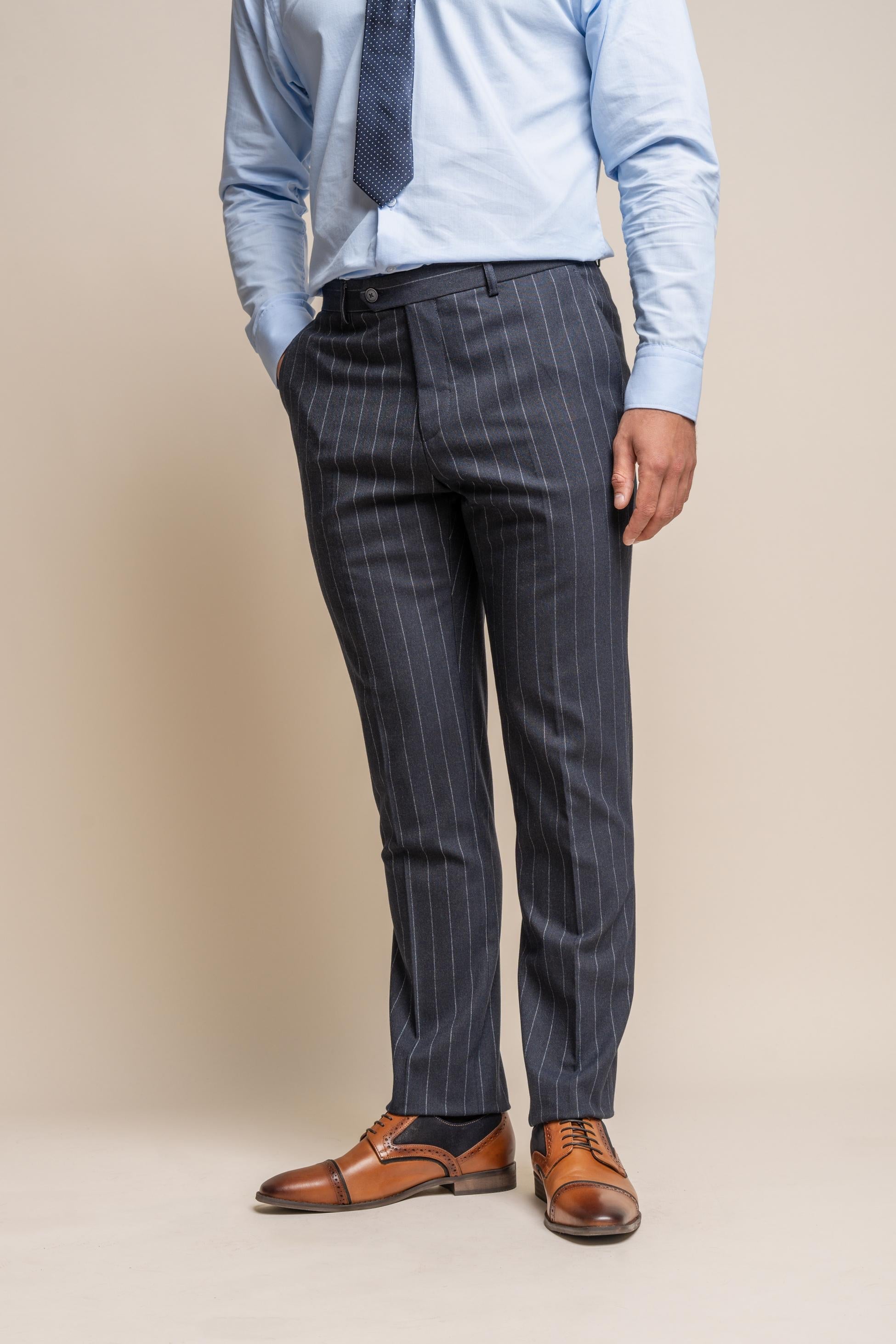 Invincible Navy Blue Men's Pinstripe Slim Fit Suit