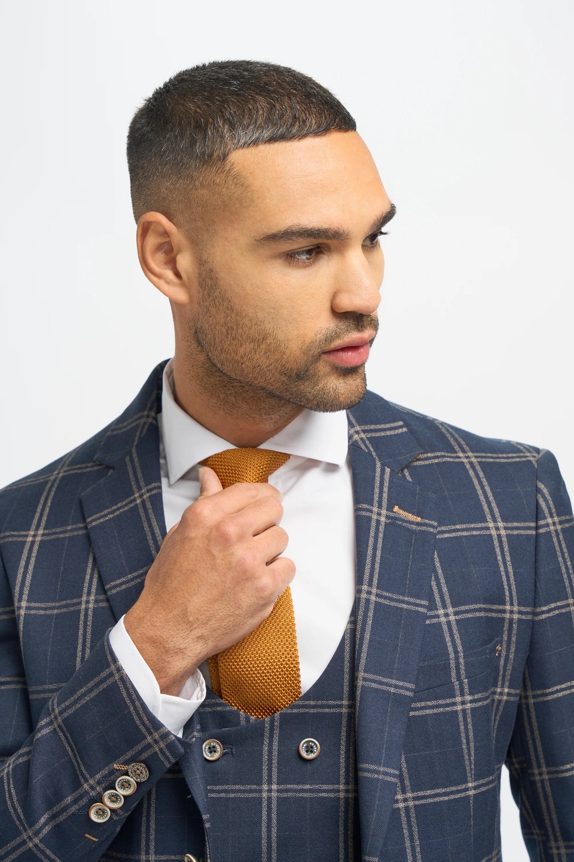Men's Hardy Navy Check Blazer with Double-Breasted Waistcoat & Stone Beige Chinos