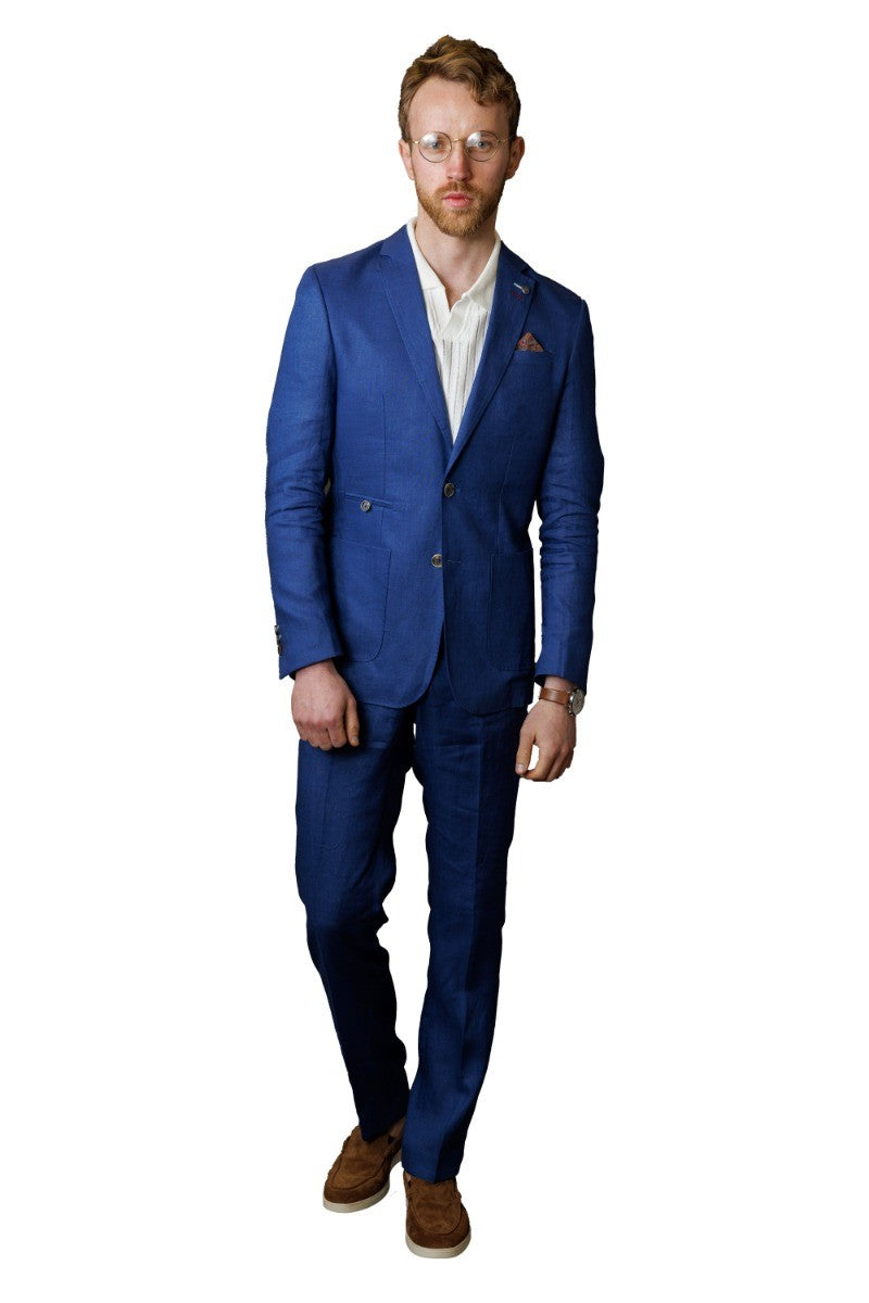 Navy Blue Men's Slim Fit Linen 2-Piece Suit Set