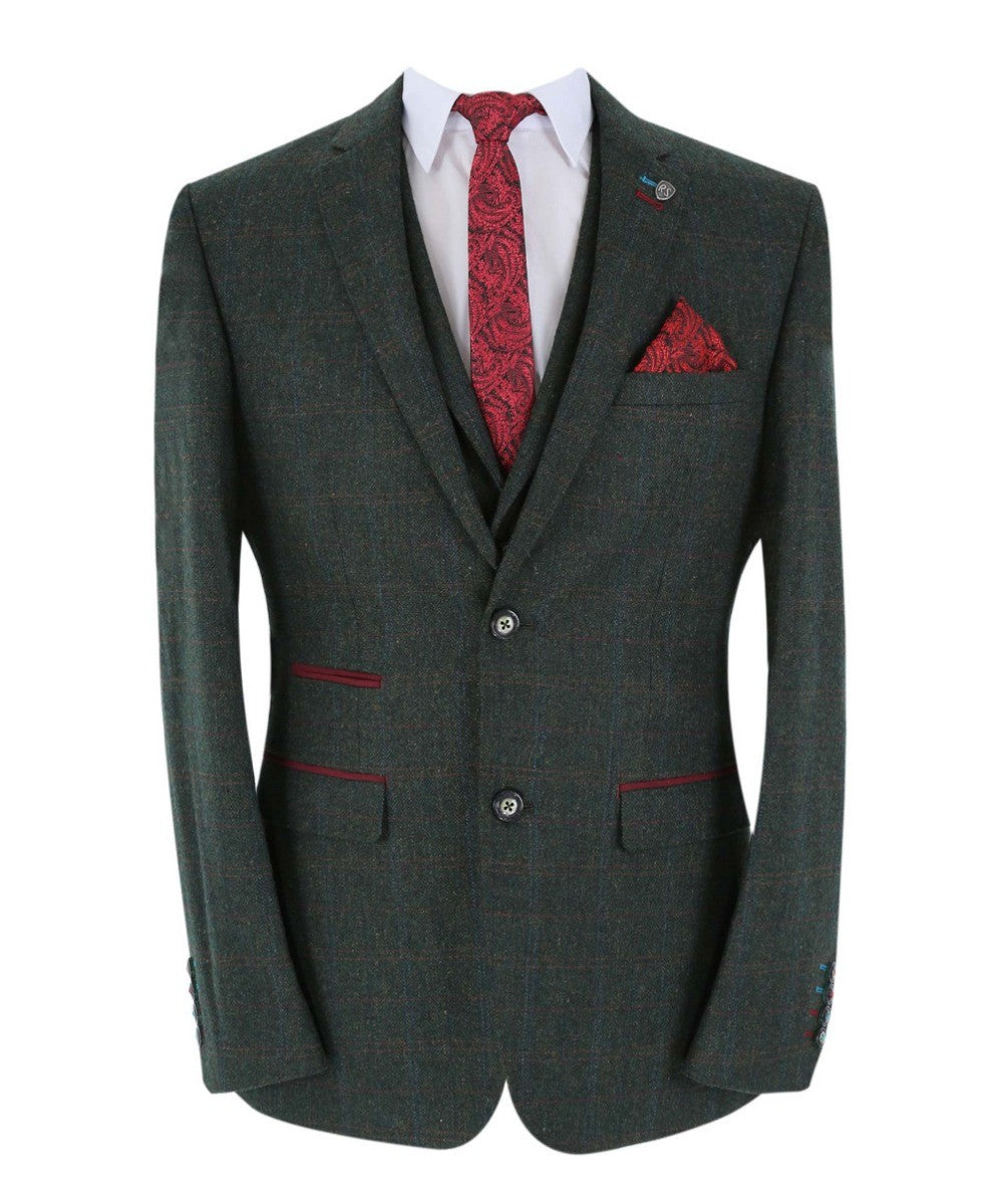 JOSHUA Men’s Tailored Fit Tweed Check Dark Green Suit