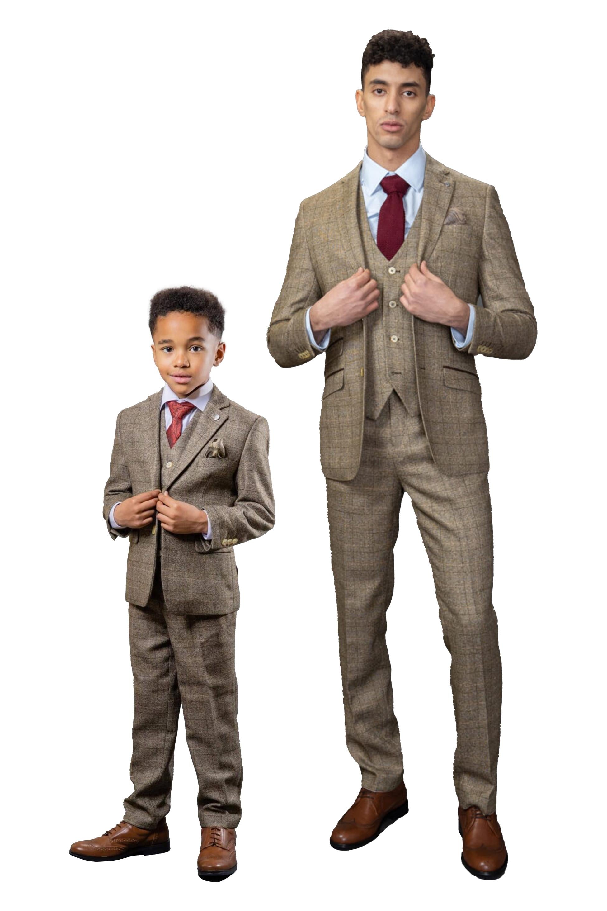 LIAM Men’s Tailored Fit Tweed Windowpane Check Beige Suit