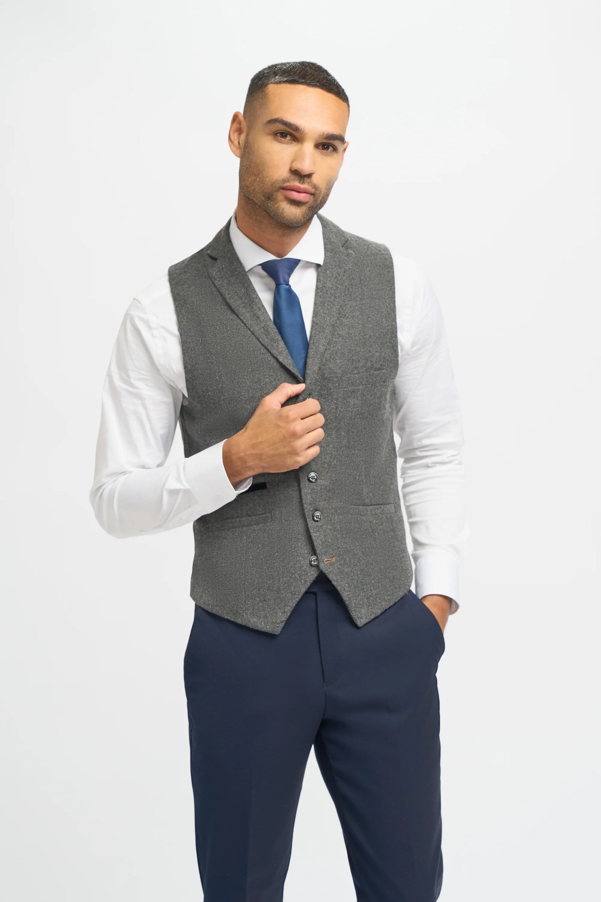 Grey Herringbone Tweed Men's Jacket and Waistcoat with Slim Fit Navy Blue Trousers