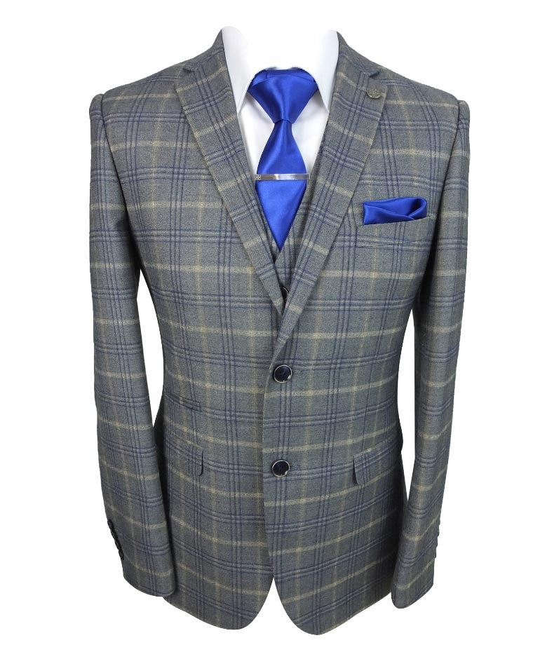 KENNETH Men’s Tailored Fit Retro Check Suit - Grey/Gold