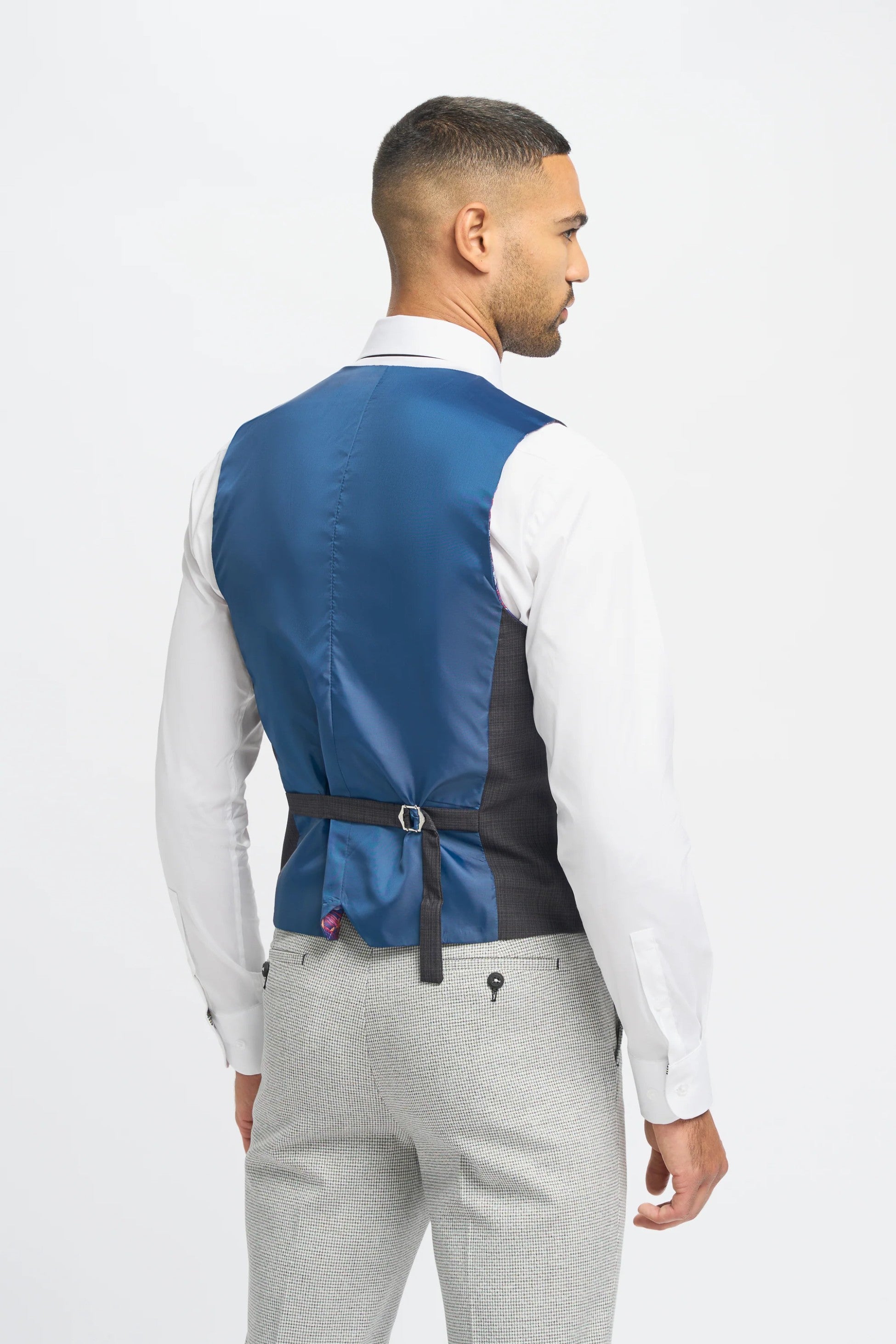 Dark Grey Men's Slim Fit Suit Jacket and Waistcoat with Light Grey Houndstooth Trousers