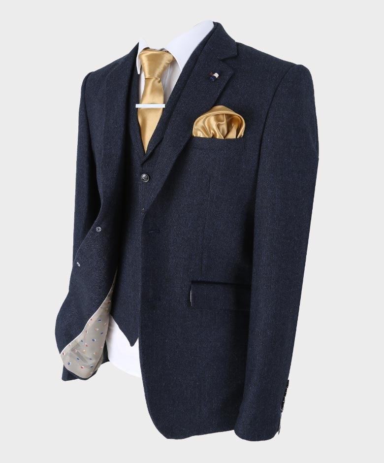 Men’s Navy Herringbone Tweed Slim Fit Suit Jacket MARTEZ