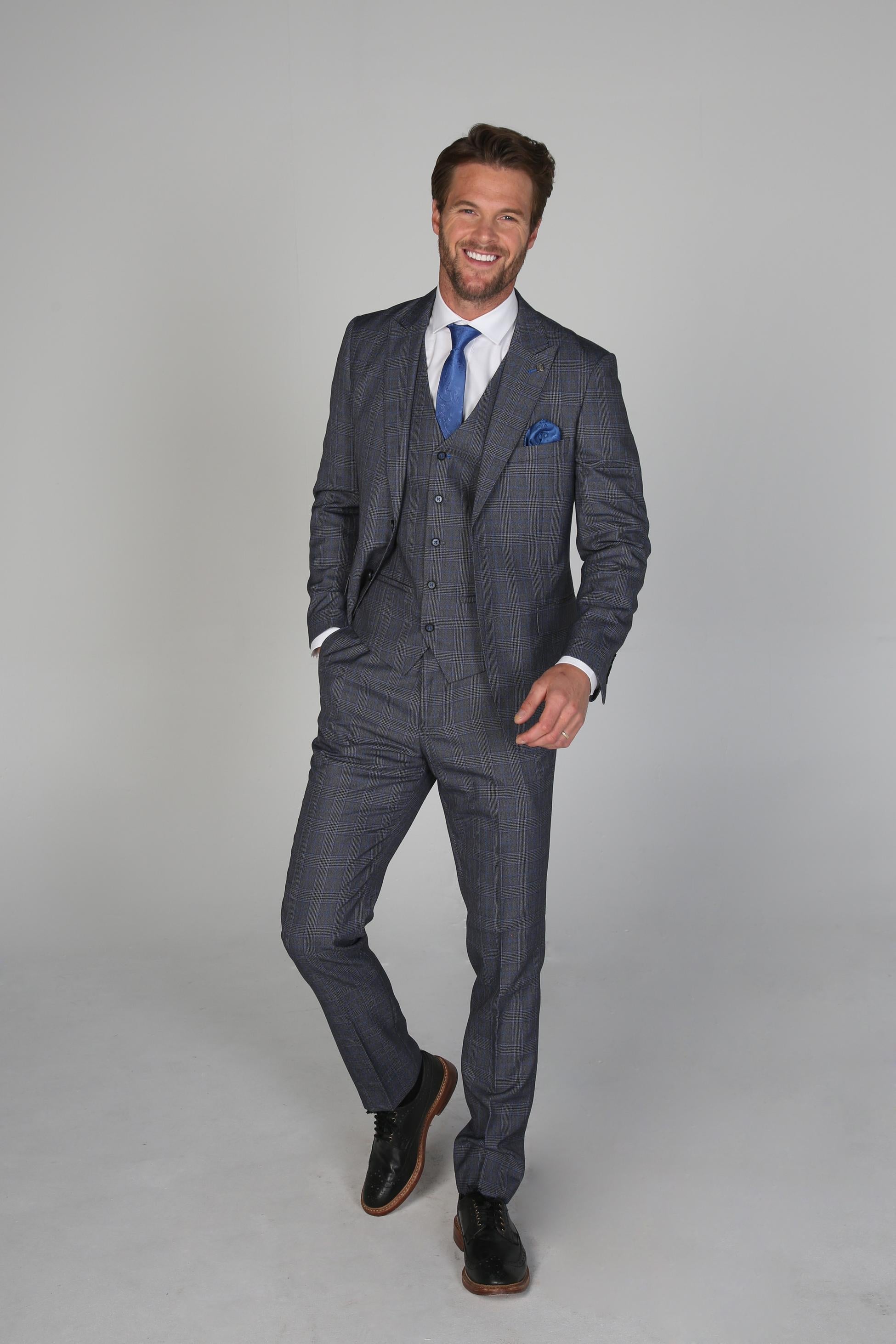 Men's Henry Grey-Blue Textured Check Tailored Formal Suit