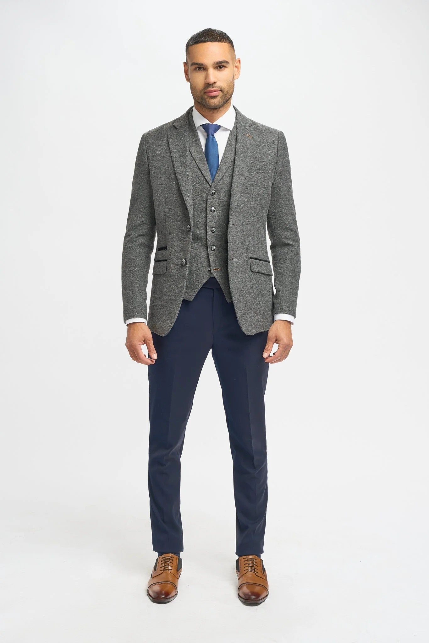 Grey Herringbone Tweed Men's Jacket and Waistcoat with Slim Fit Navy Blue Trousers