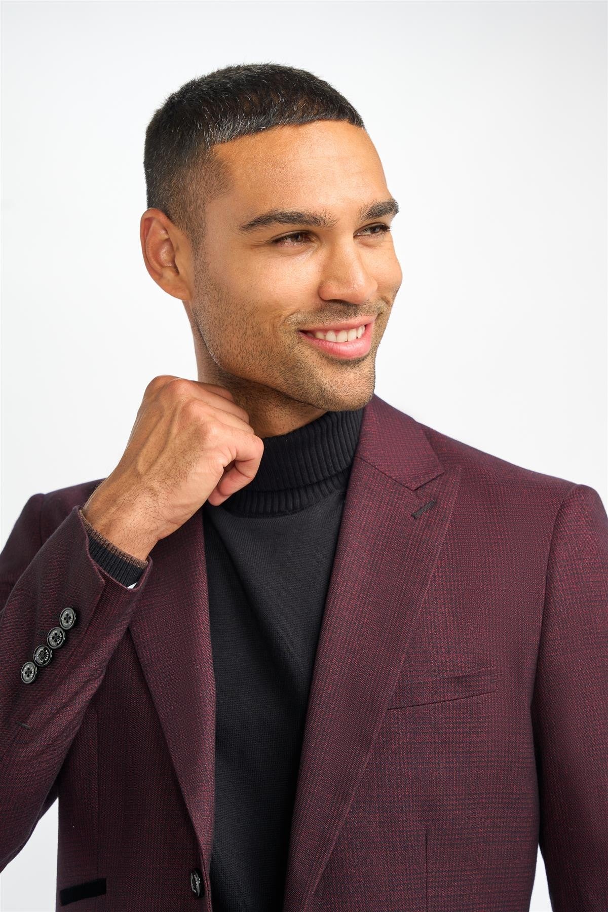 Men's Tweed Glen Check Slim Fit Suit Jacket - CARIDI - Wine