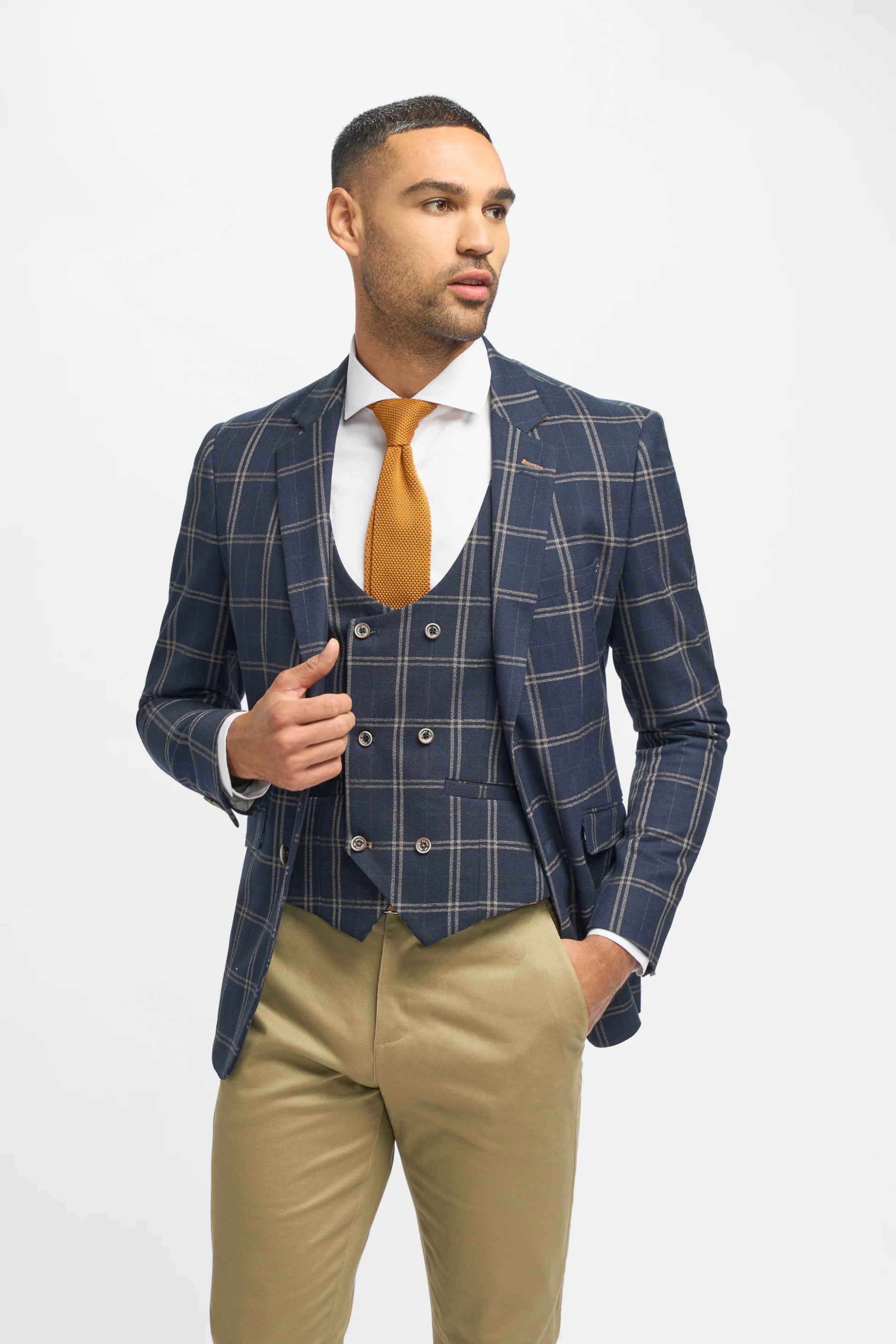 Men's Hardy Navy Check Blazer with Double-Breasted Waistcoat & Stone Beige Chinos
