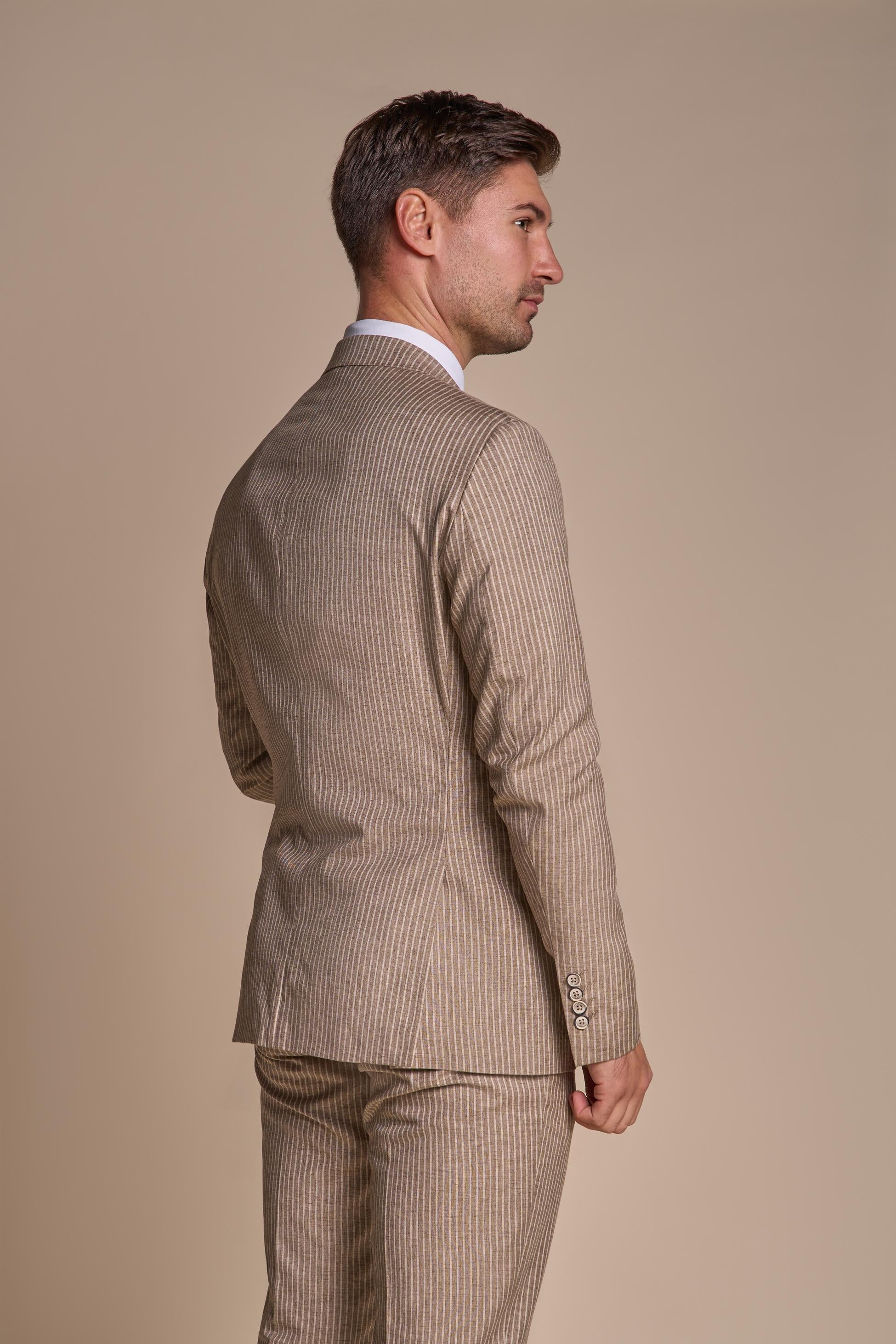 Men’s Beige Pinstripe Slim Fit Suit Jacket KRAKEN