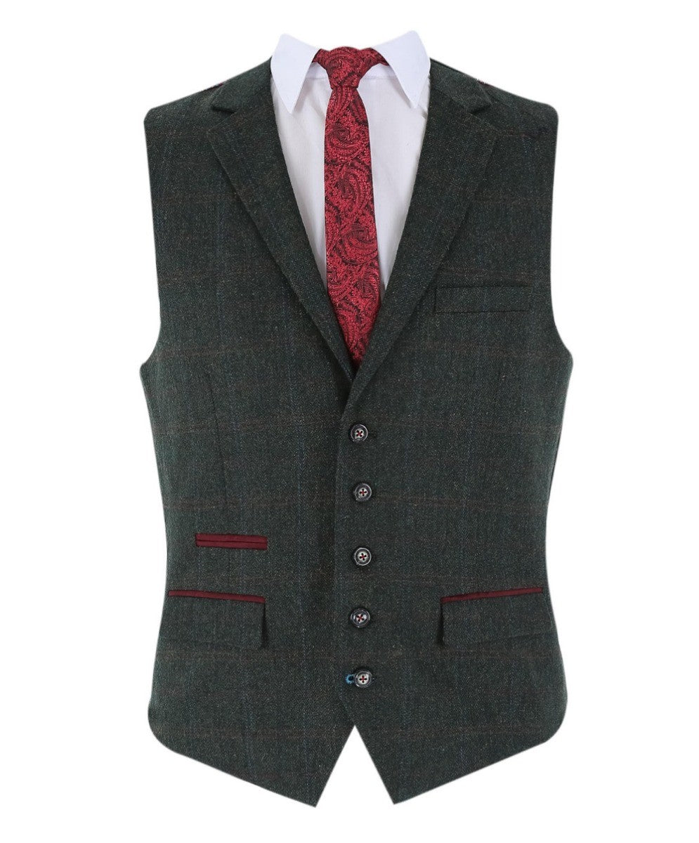 JOSHUA Men’s Tailored Fit Tweed Check Dark Green Suit