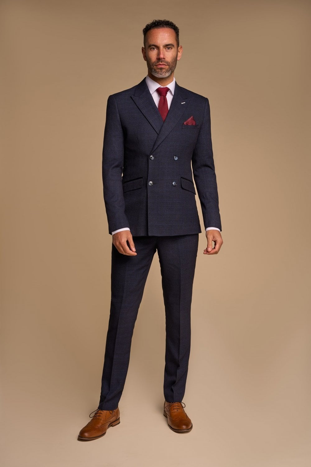 Men's Glen Check Double-breasted Suit Jacket - CARIDI - Navy Blue