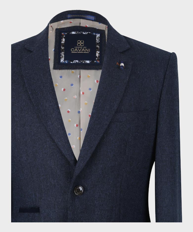 Men’s Navy Herringbone Tweed Slim Fit Suit Jacket MARTEZ