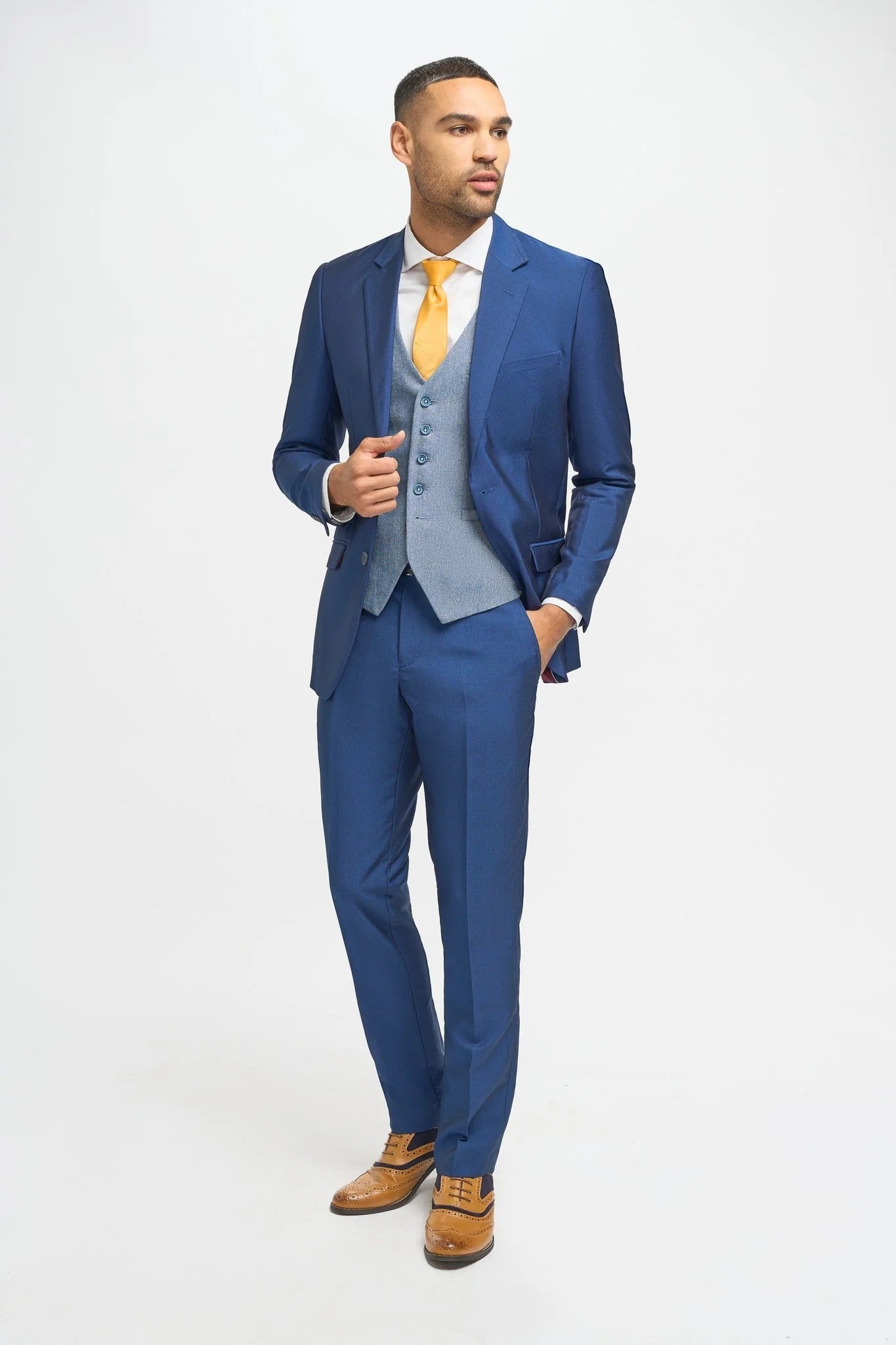 Royal Blue Men's 3-Piece Slim Fit Wedding Suit with Light Blue Tweed Waistcoat