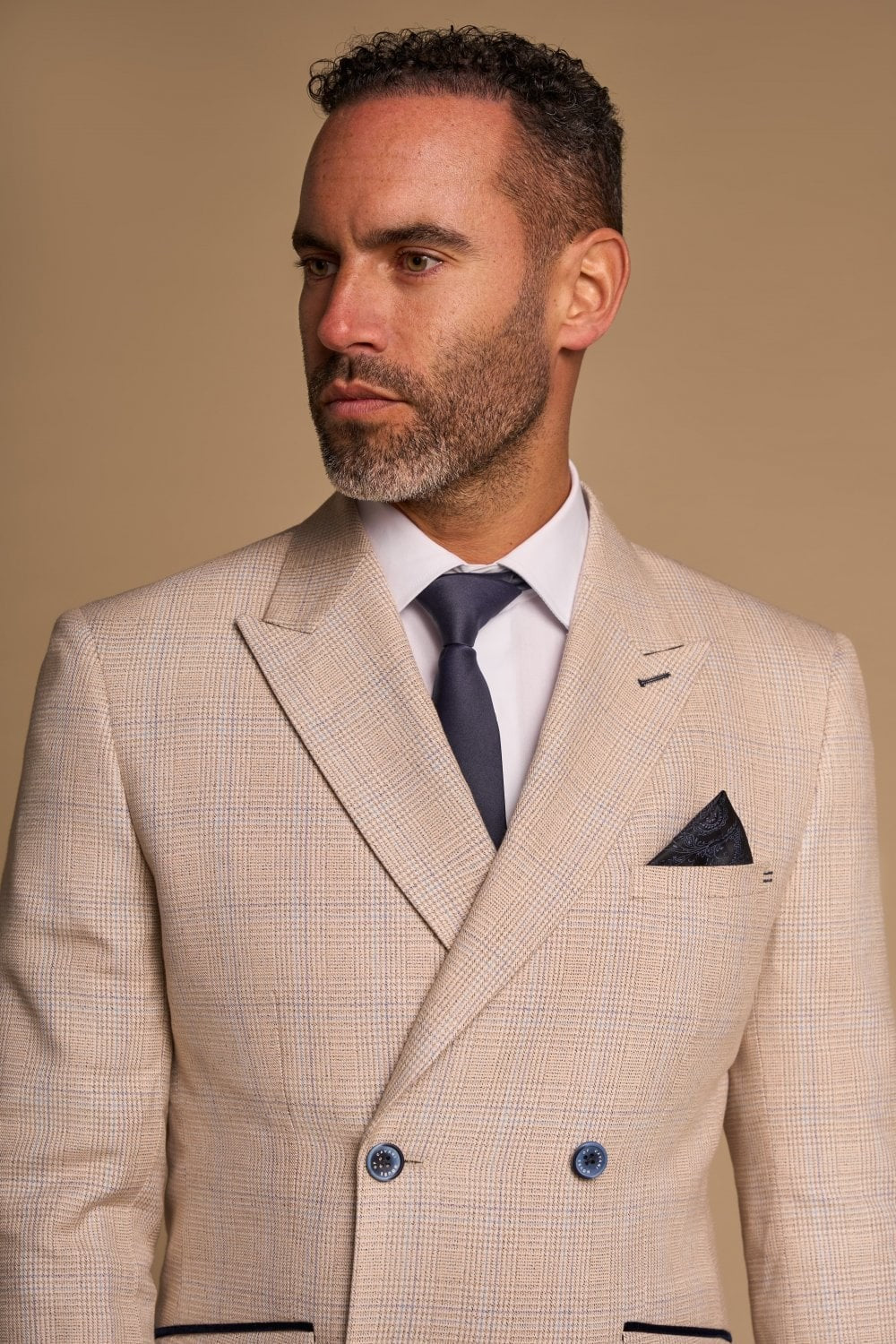 Men's Caridi Beige Glen Check 2-Piece Double-Breasted Suit