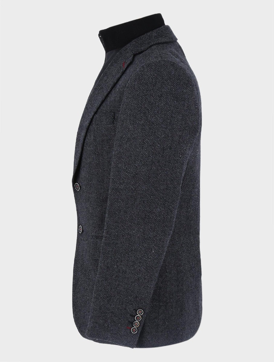 Men’s Black Wool Herringbone Tweed Coat with Removable Zipper ALEXANDER