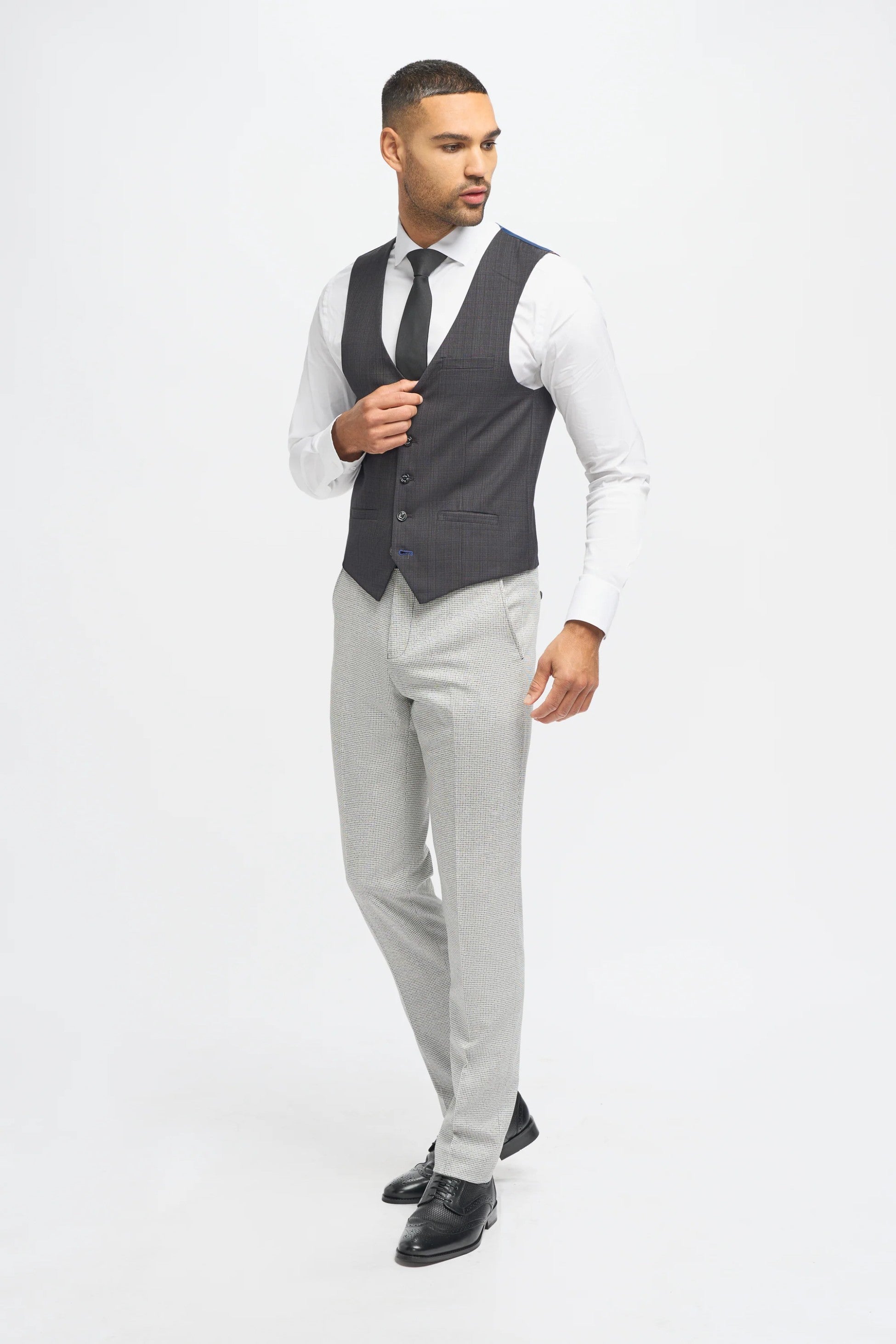 Dark Grey Men's Slim Fit Suit Jacket and Waistcoat with Light Grey Houndstooth Trousers
