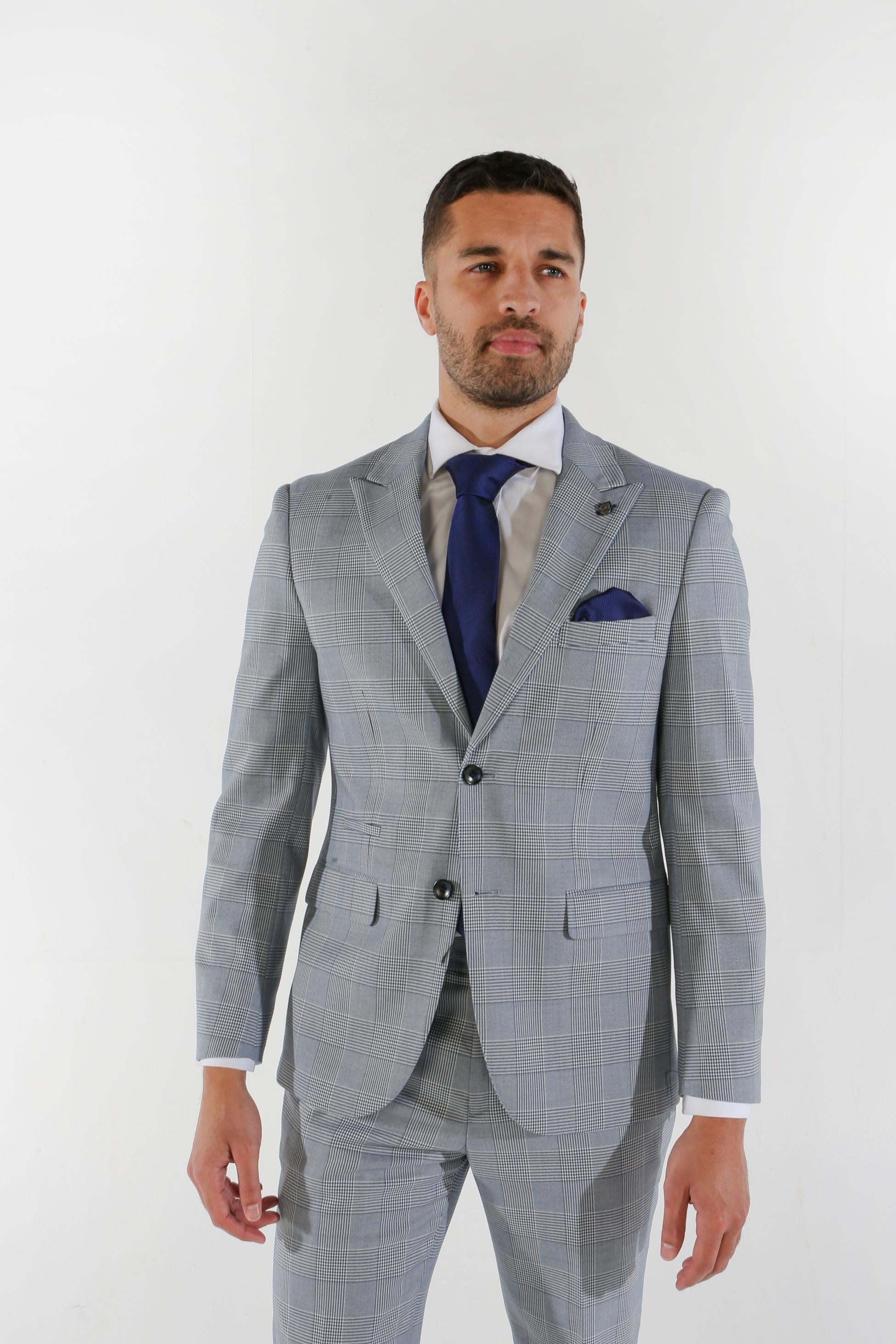 Men's Glen Check Sky Blue Suit Jacket - MARK - Blue