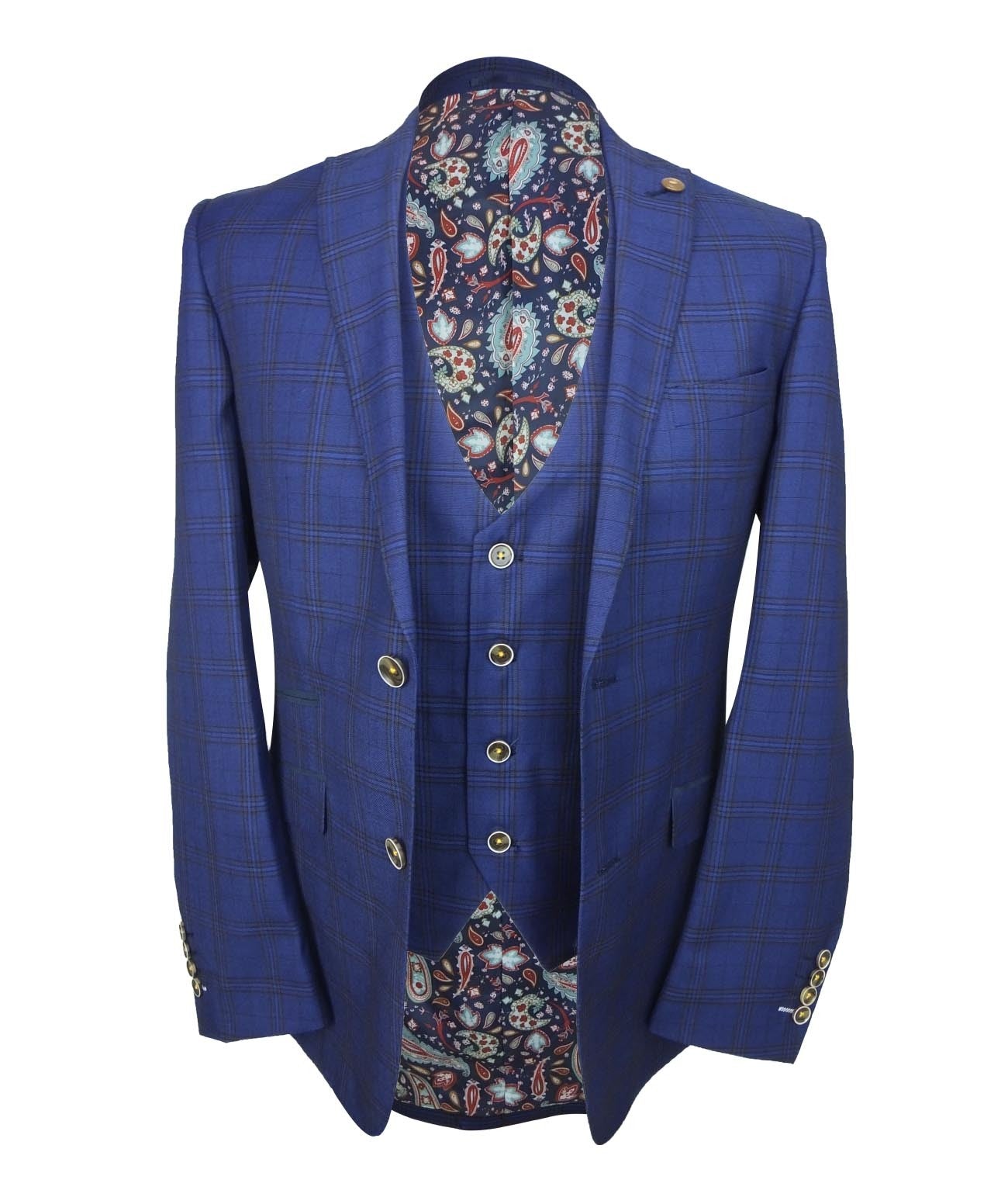 Men's Marcello Navy Blue Check 3-Piece Slim Fit Suit