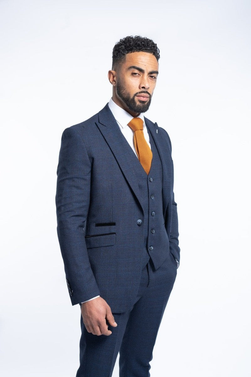 Men’s Navy Tweed Glen Check Slim Fit Suit Jacket CARIDI