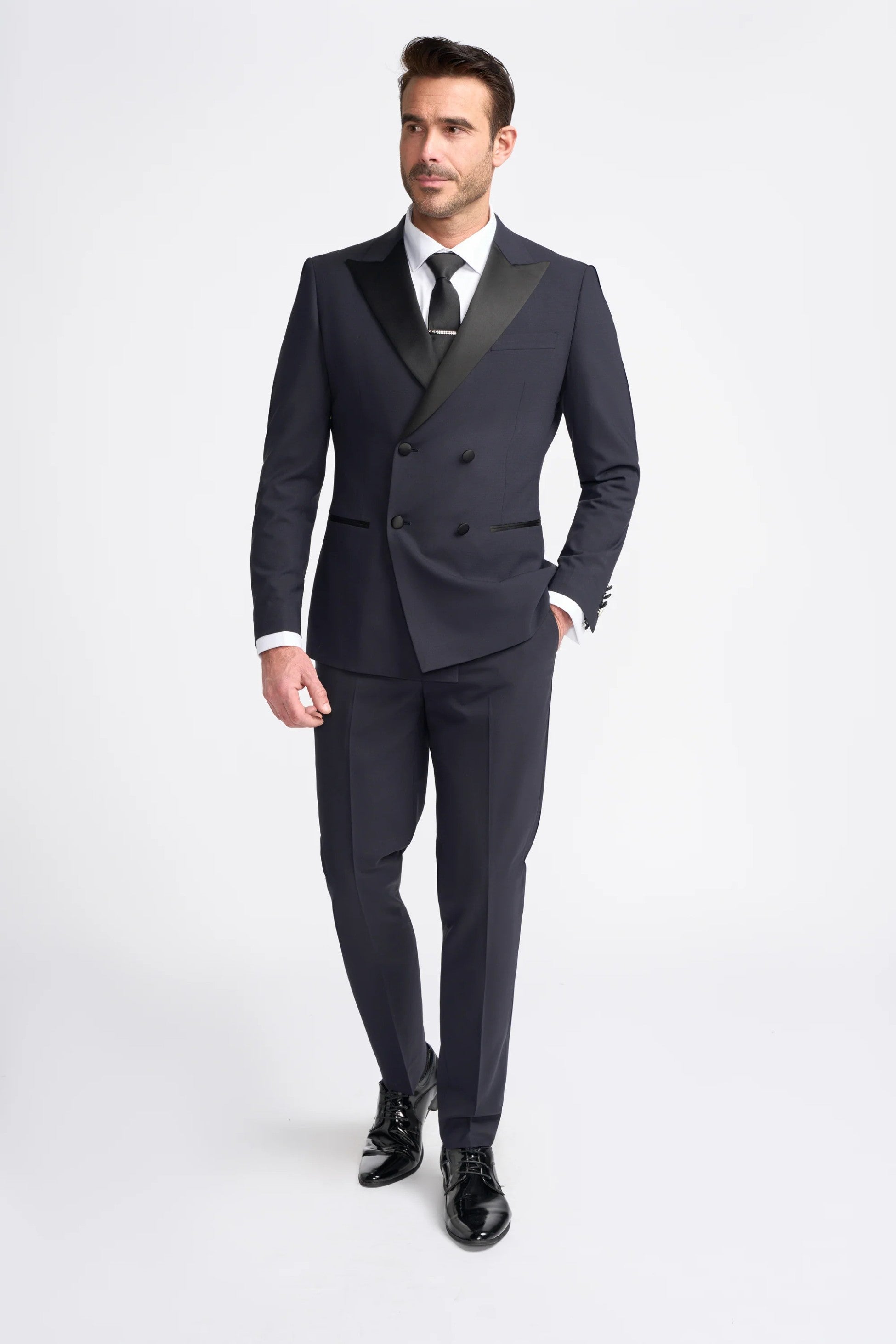 ASPEN D/B Navy Blue Men's Satin Lapel Double-Breasted Suit
