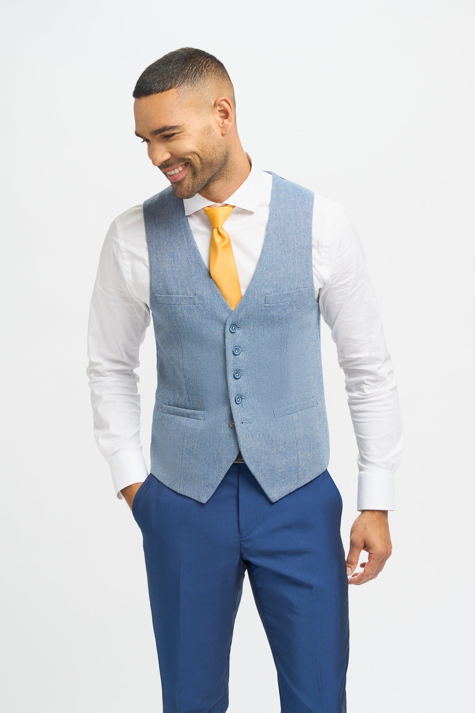 Royal Blue Men's 3-Piece Slim Fit Wedding Suit with Light Blue Tweed Waistcoat