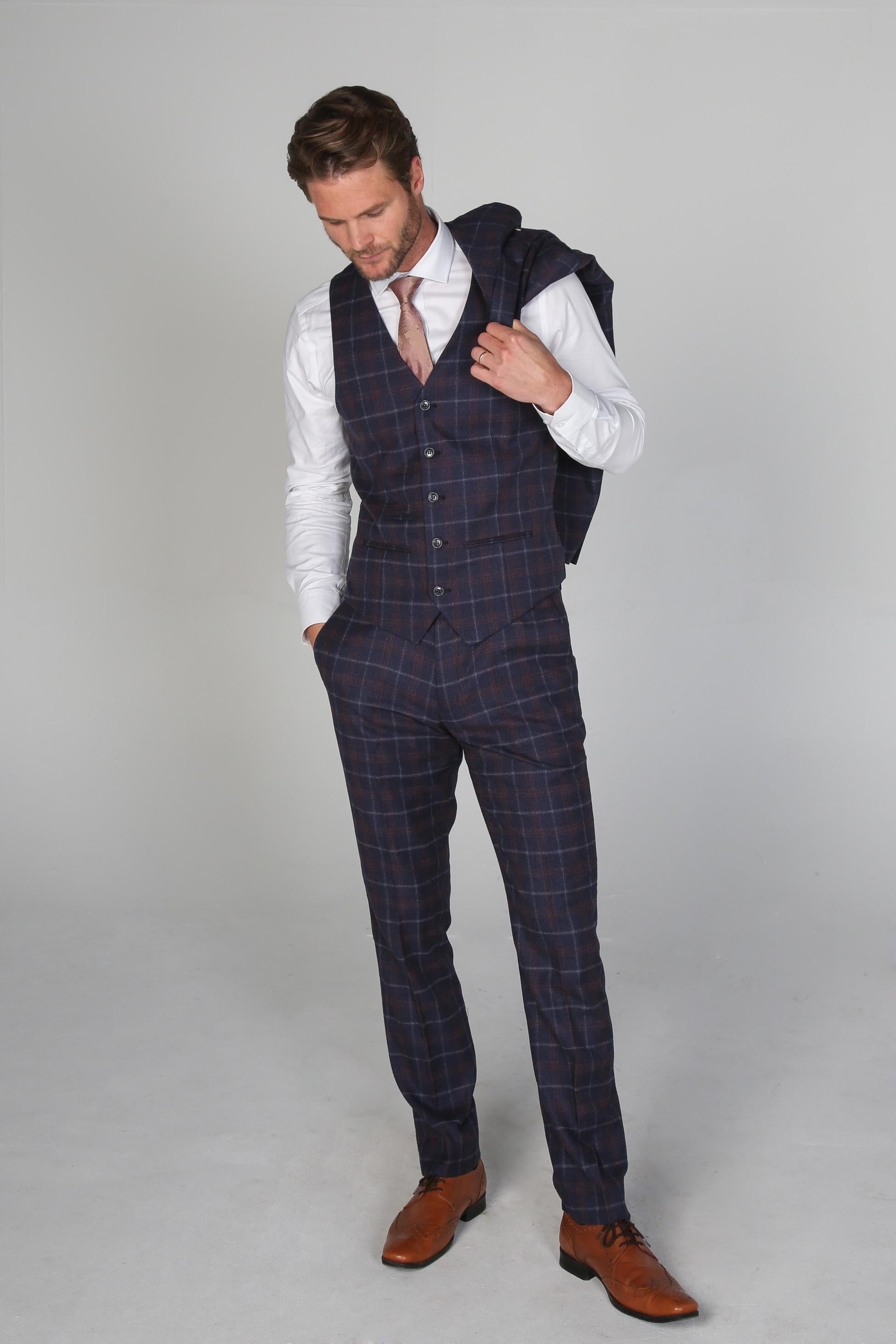 KENNETH Men’s Tailored Fit Retro Check Suit - Navy/Maroon