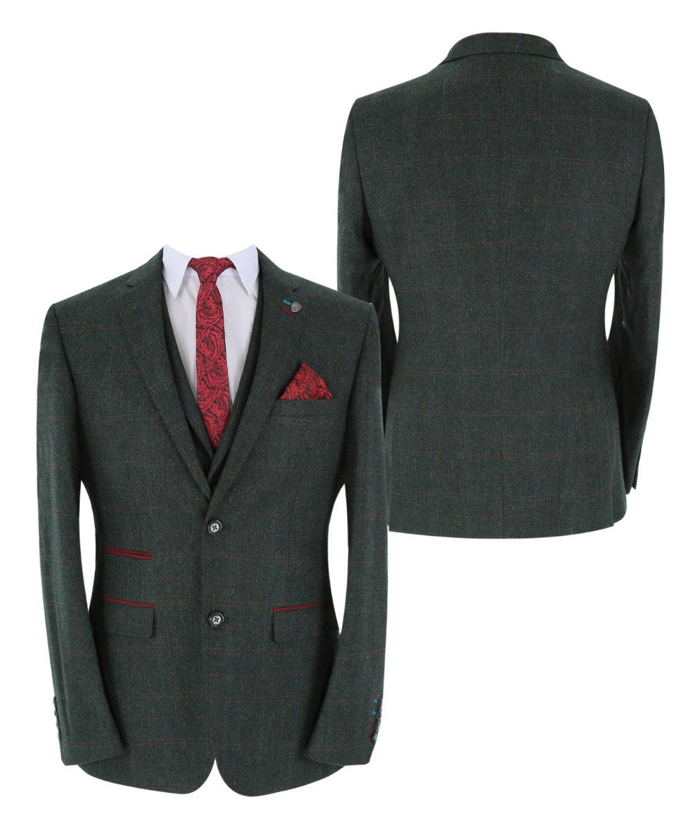 JOSHUA Men’s Tailored Fit Tweed Check Dark Green Suit