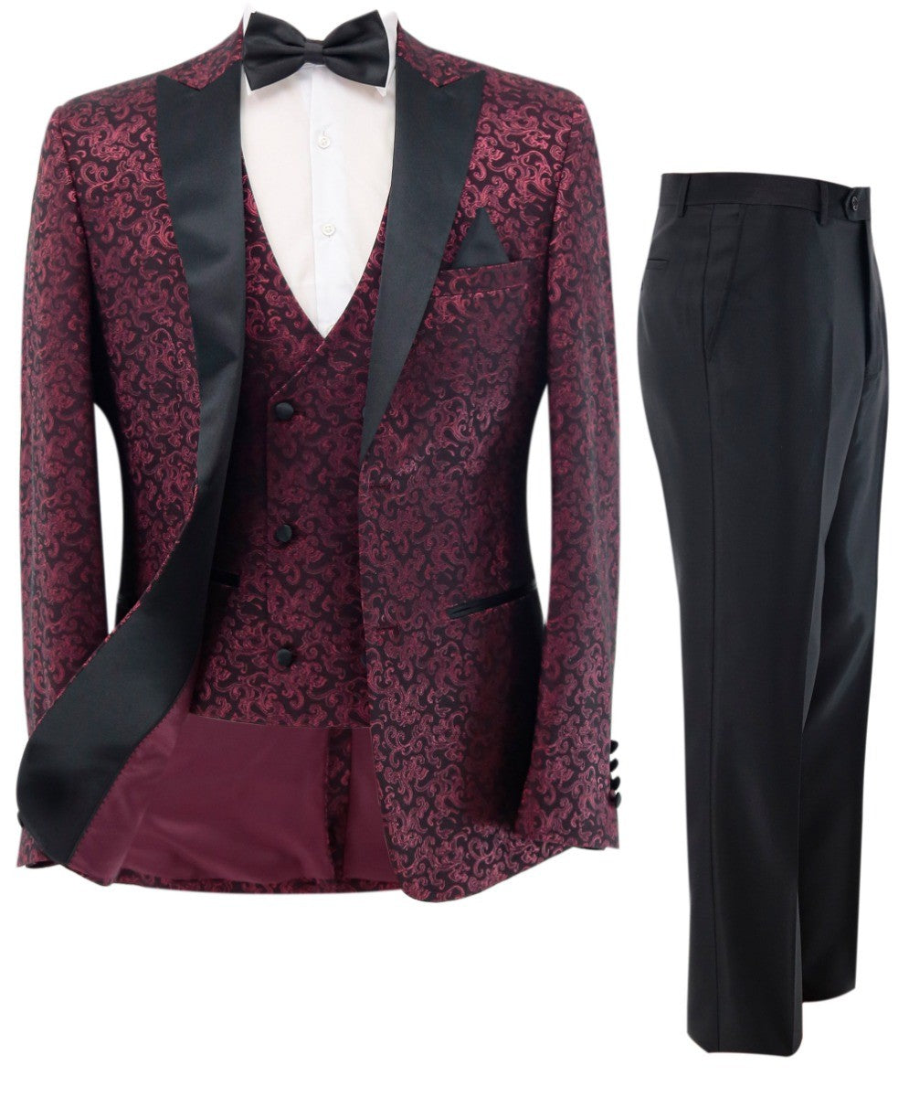 AARON Burgundy Men's Patterned Shimmer Tuxedo Suit