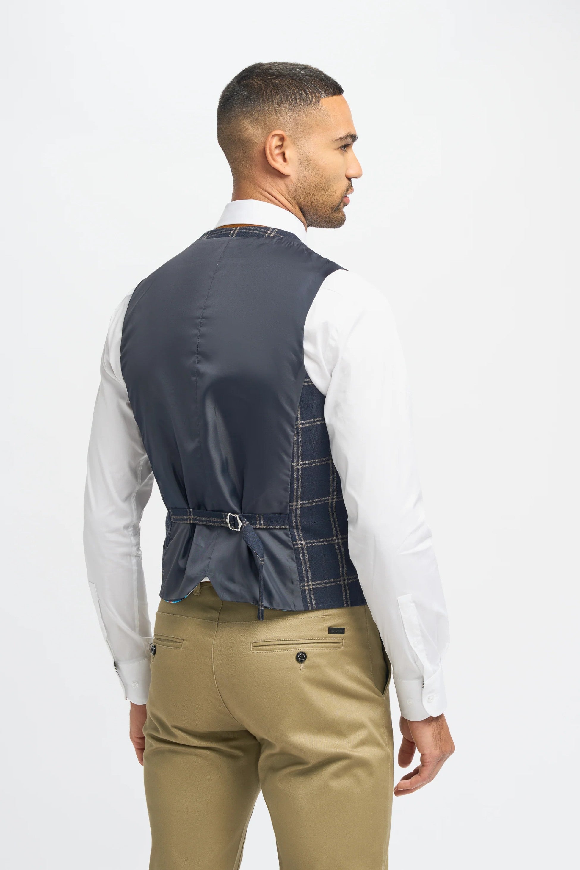 Men's Hardy Navy Check Blazer with Double-Breasted Waistcoat & Stone Beige Chinos