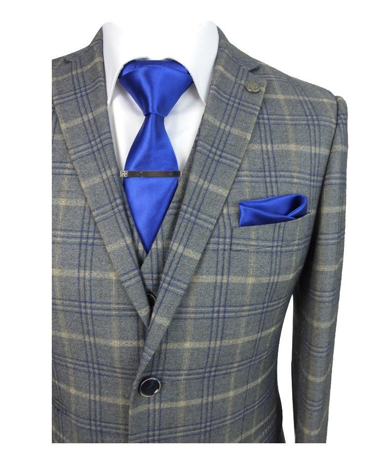 KENNETH Men’s Tailored Fit Retro Check Suit - Grey/Gold