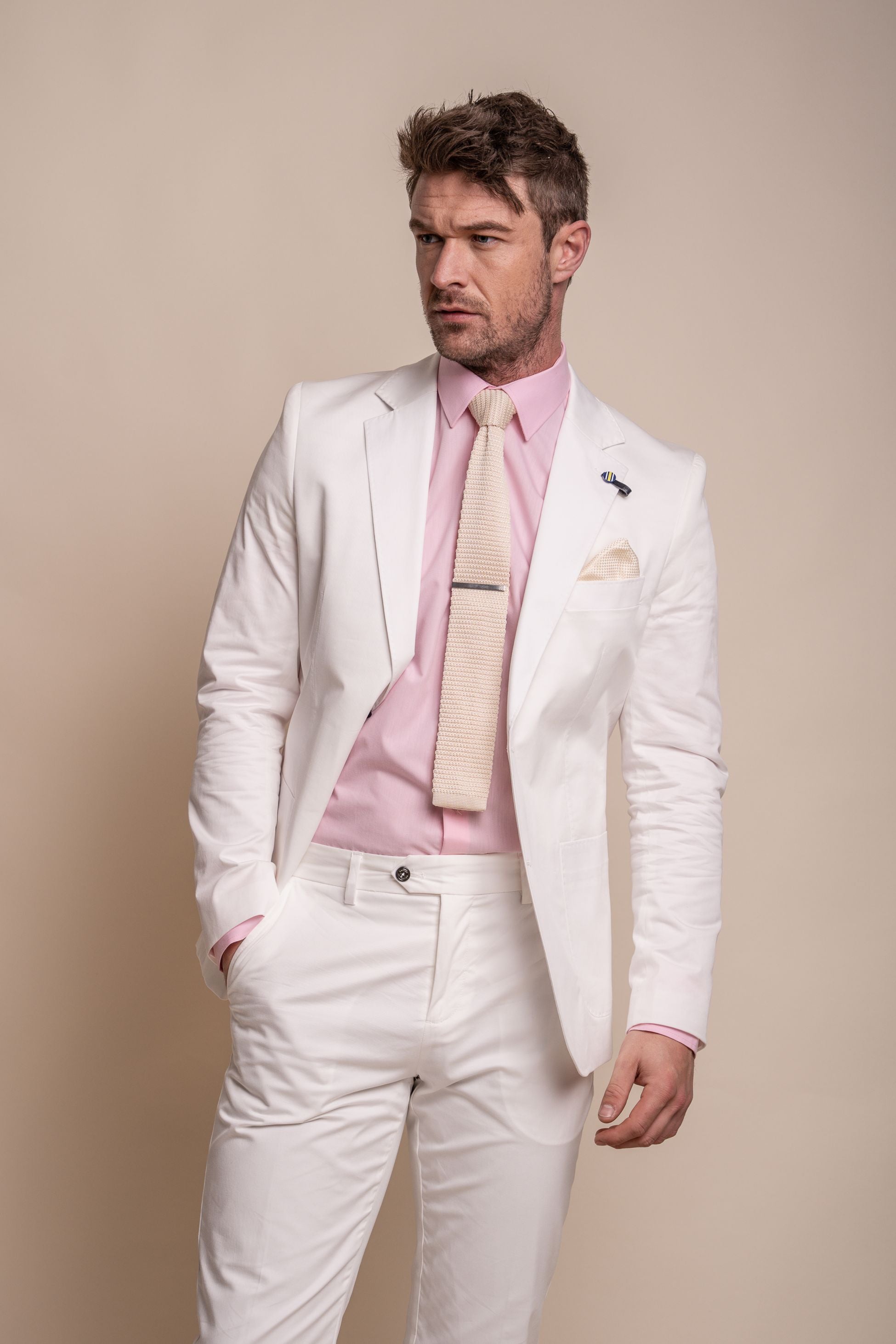 MARIO Ecru Men's Cotton Slim Fit Formal Suit