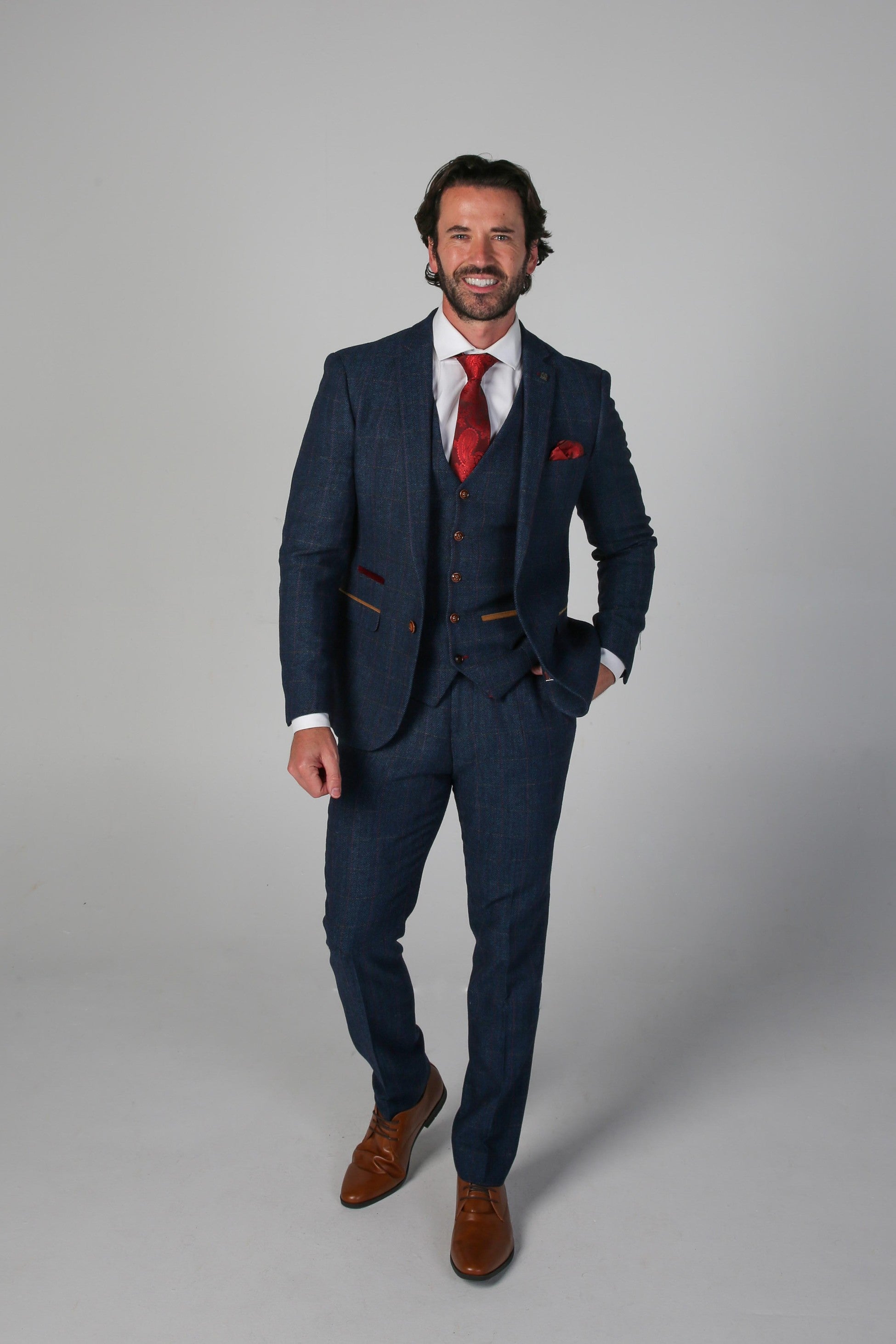 Men's Scott Navy Blue Herringbone Tweed Tailored Fit Suit