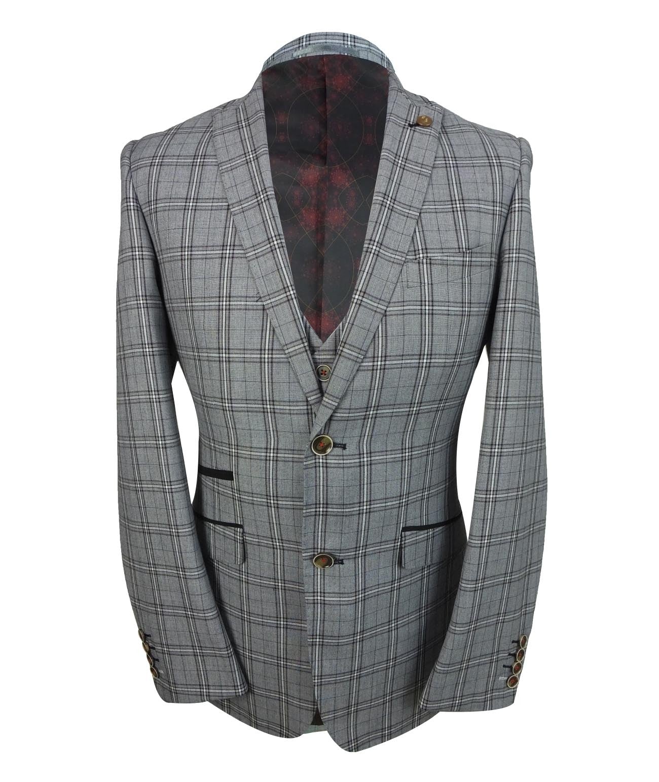 Men's Marcello Charcoal Grey Check 3-Piece Slim Fit Suit