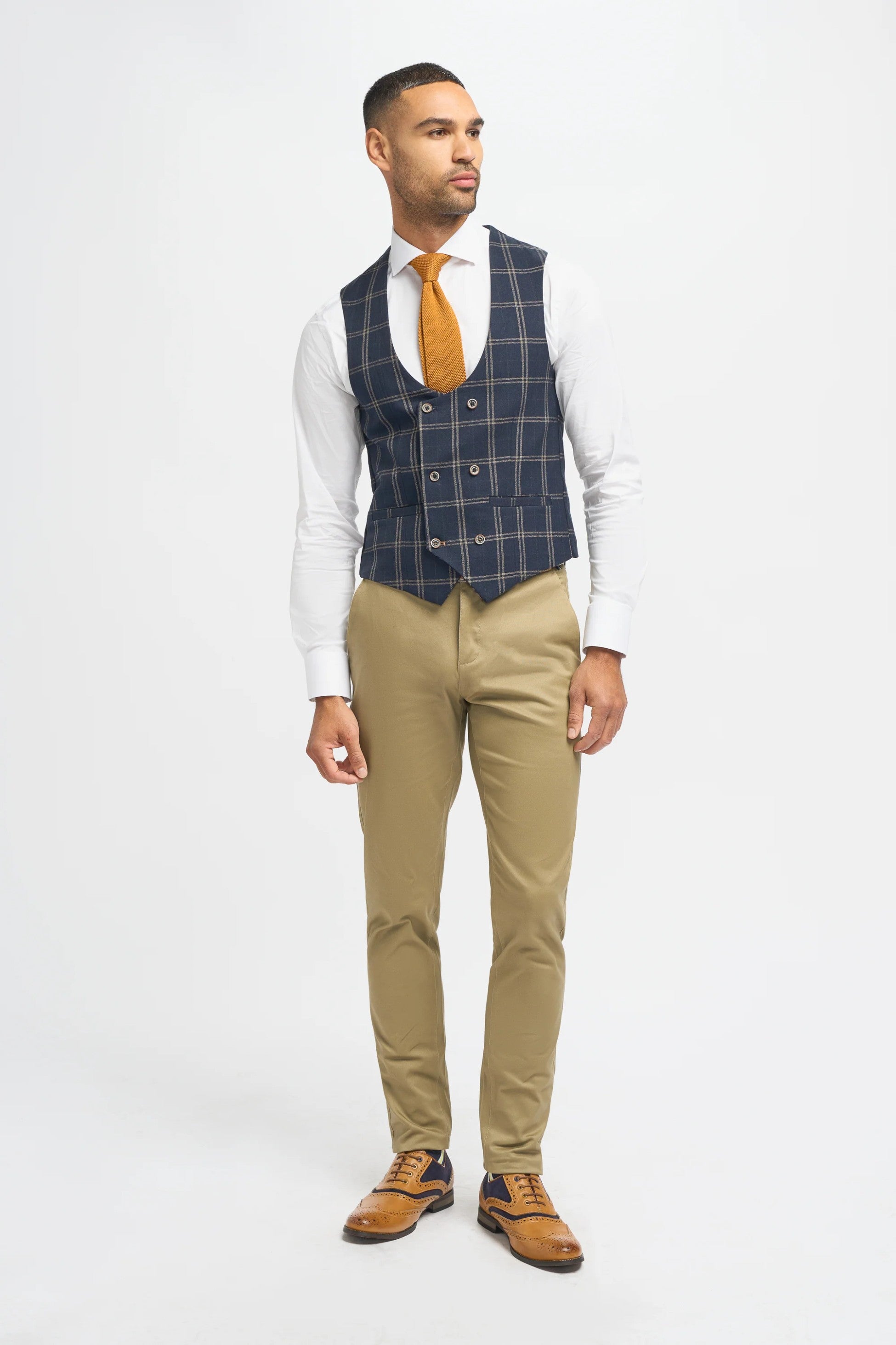 Men's Hardy Navy Check Blazer with Double-Breasted Waistcoat & Stone Beige Chinos