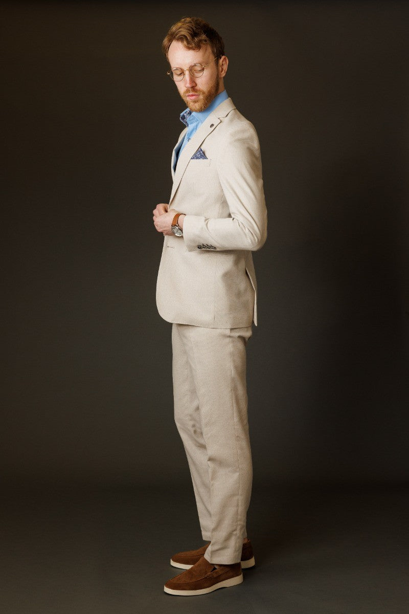 GIOVANNI Cream Men's Cotton Blend Self Patterned Suit