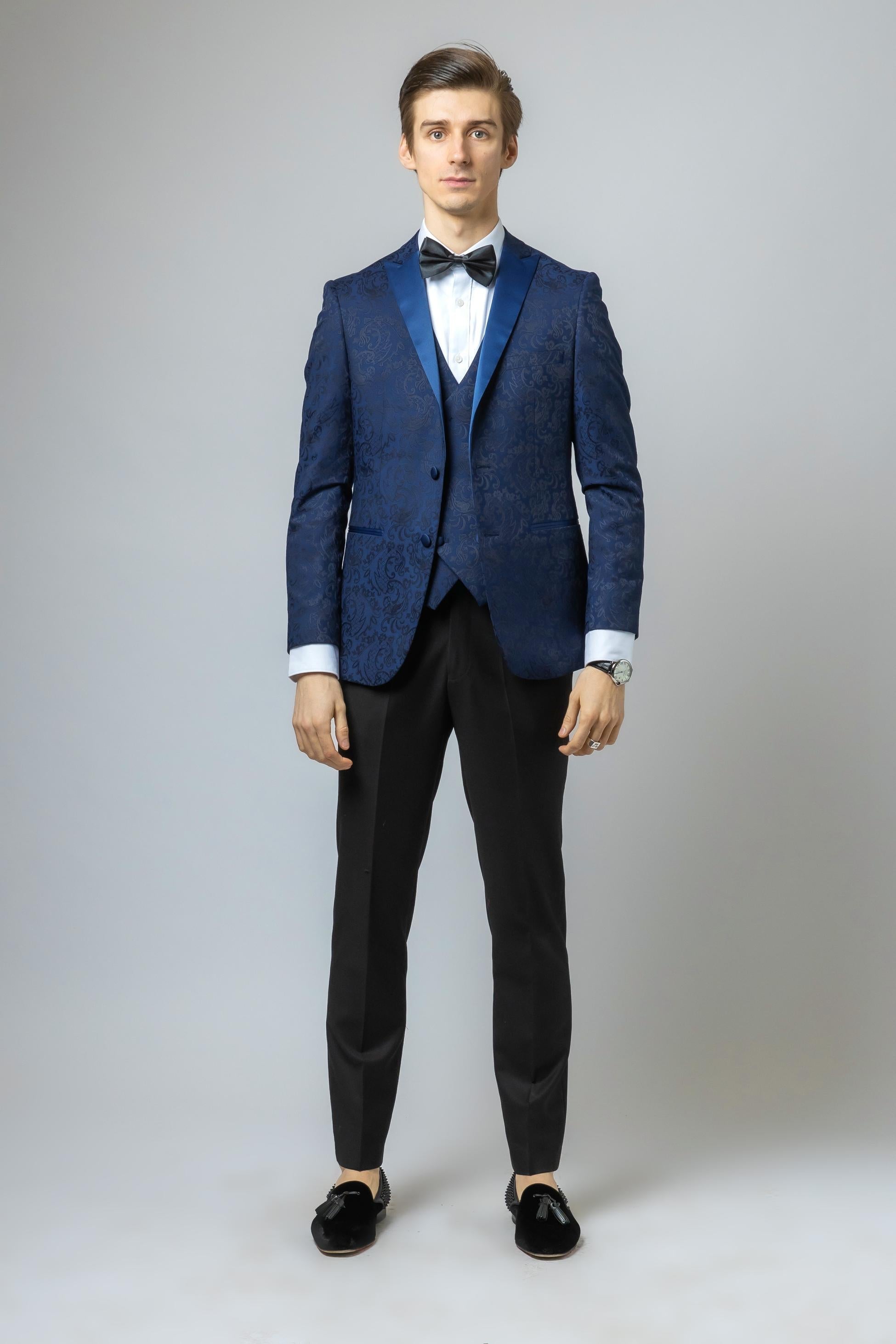 THOMAS Navy Blue Men's Slim Fit Patterned Suit